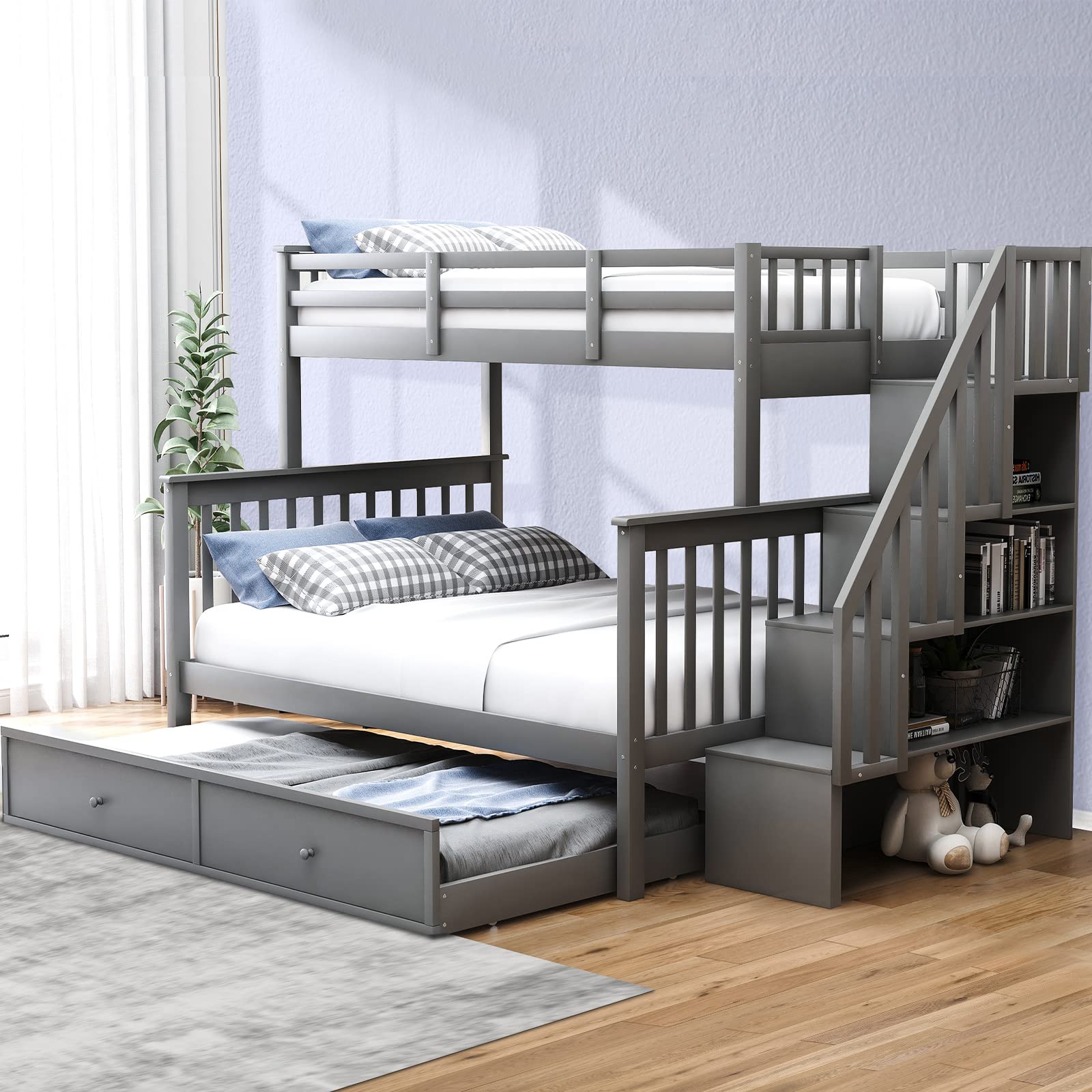 Buy Tatub Bunk Bed Twin Over Full with Trundle and Staircase, Solid