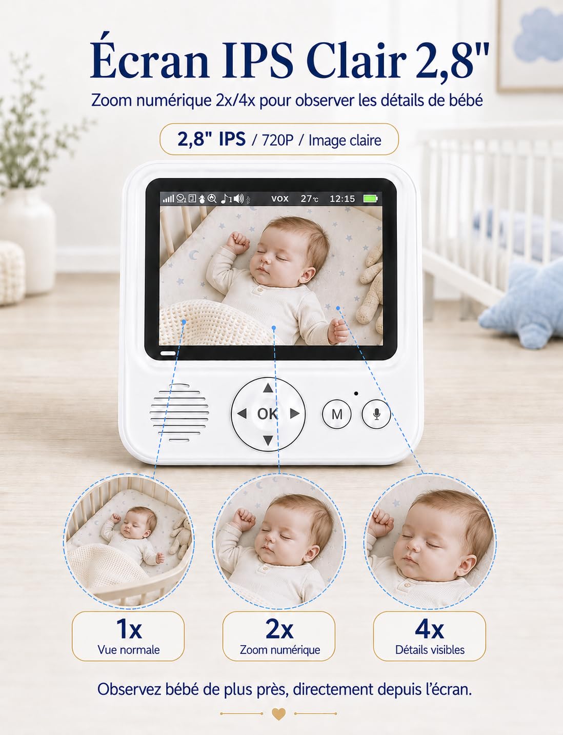 BURNNOVE Babyphone Caméra 2,8” IPS 720P Moniteur Bébé Longue Autonomie 96H VOX sans WiFi ni App Vision Nocturne Audio Bidirectionnel Détection Son/Mouvement pour Nuit et Sieste
