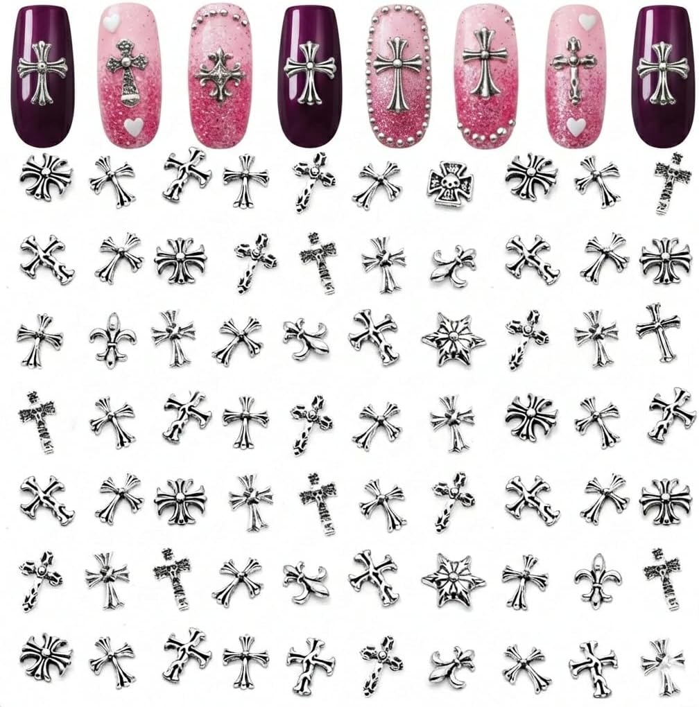 120 Pcs Silver Nail Charms โ 3D Acrylic Silver Cross Charms for Nails with Curved Back, Secure Fit on Press-On, Gel, and Acrylic Nails โ for Gothic, Party, Festival, Salon, DIY & Professional Manicure