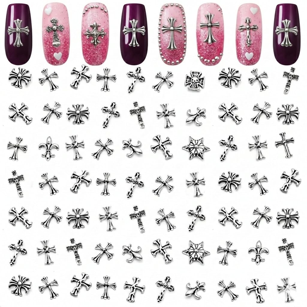 120 Pcs Silver Cross Nail Charms, 3D Acrylic, for Press-On & Gel