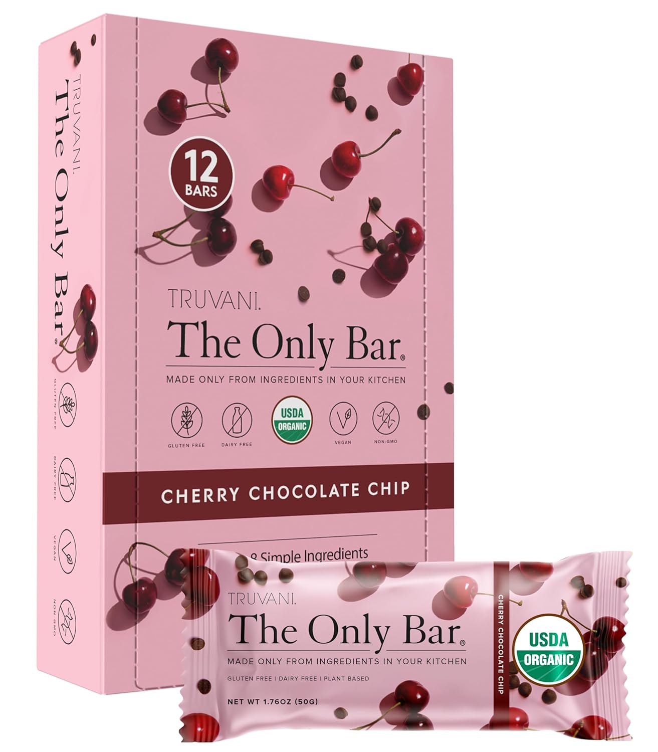 Truvani Plant Based Snack Bars | Cherry Chocolate Chip 12 Pack | 5g Protein | USDA Organic and Vegan | The Only Bar | Dairy, Soy, and Gluten Free | Individually Wrapped