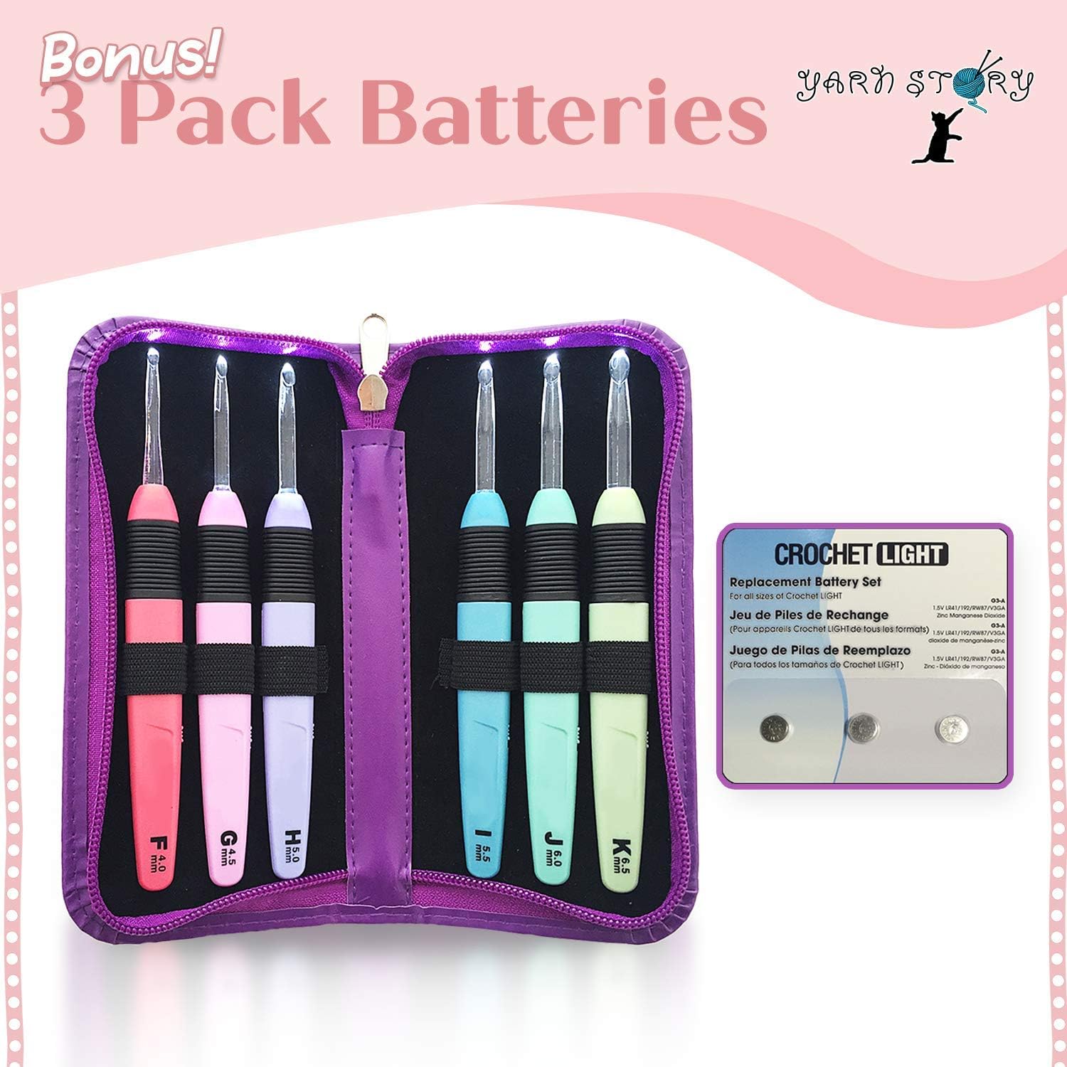 Lighted Crochet Hooks with Case, 6 pcs Set with 3 Pack Replacement Batteries - LED Lite Hooks with Ergonomic Soft Grip Handles - Set of 6 Hooks for Arthritic Hands - Size 4mm to 6.5mm (Purple)