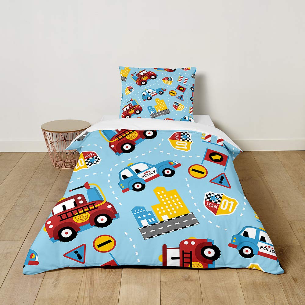 FANSU Children Boys Kids Duvet Cover Bedding Set 2 Piece, 3D Cartoon Car Print Easy Care Quilt Cover & Pillow Set for Nursery Toddler Cot Single Size Bed (Blue B,100x135cm+40x60cm)