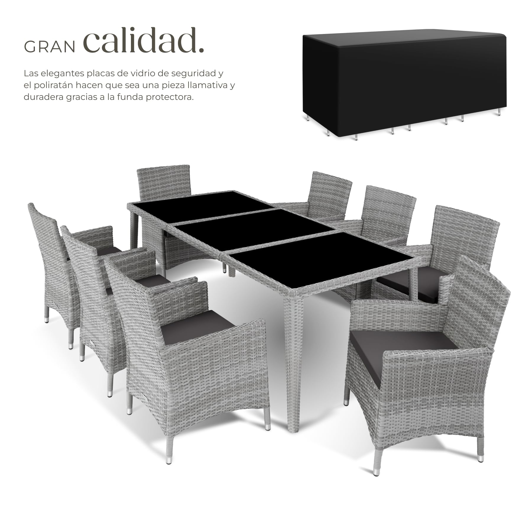tectake® Conjunto Jardín Exterior de Ratán y Aluminio, Muebles Jardín Exterior Resistente a la Intemperie, 8 Sillas con Cojines, 1 Mesa con Cristal, 2 Juegos de Fundas y Funda Protectora - Gris Claro