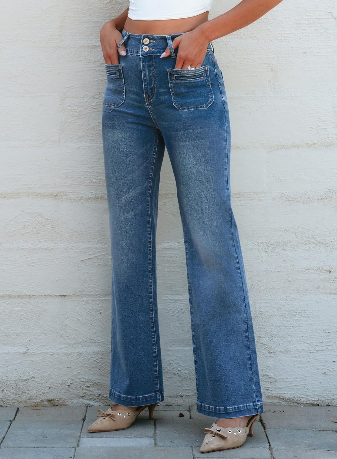 Sidefeel Women's Wide Leg Jeans High Waisted Tummy Control Stretchy Pockets Front Straight Leg Jeans - Image 3