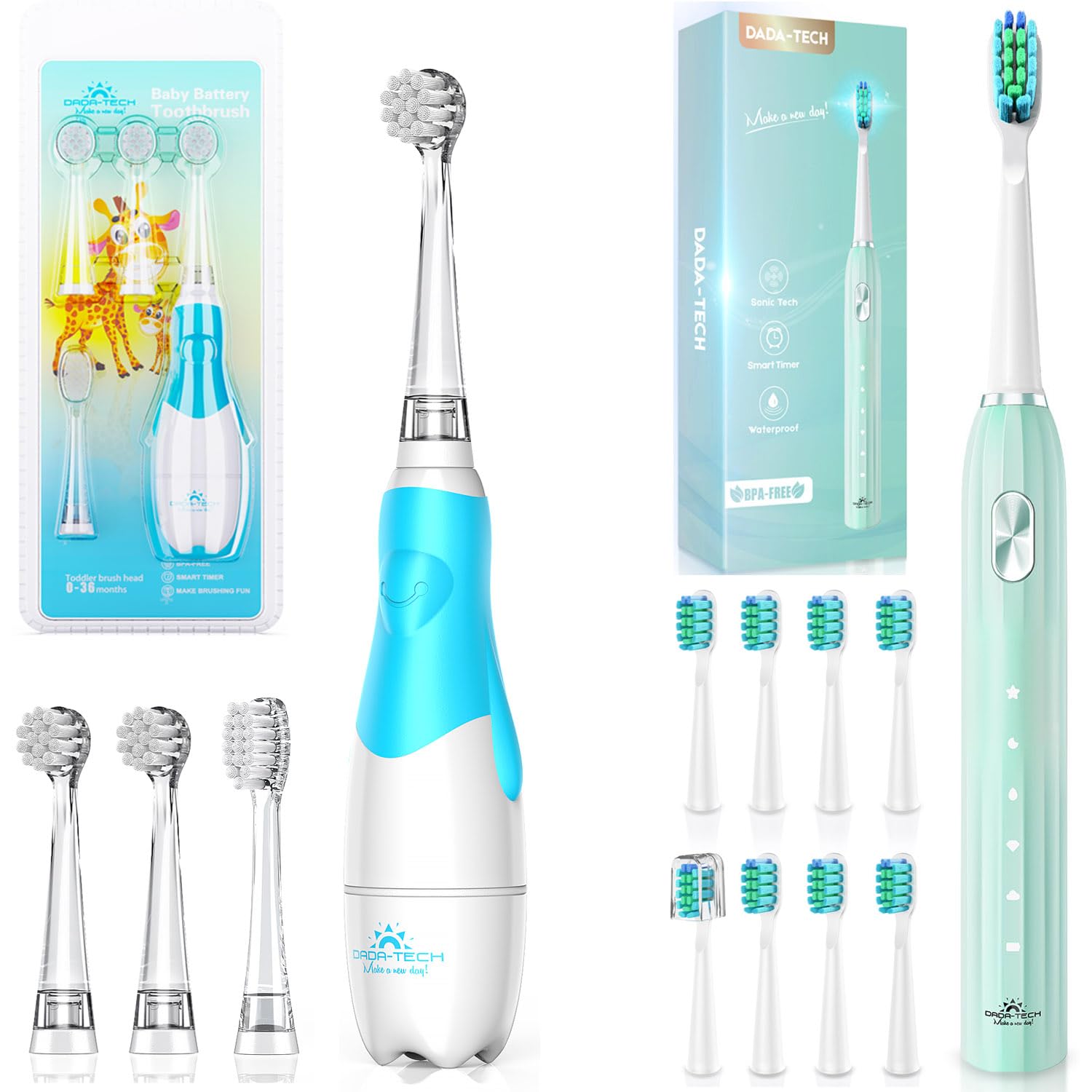 DADA-TECH Baby Electric Toothbrush Blue Ages 0-3 Years, Sonic Toothbrush Green for Adult and kids