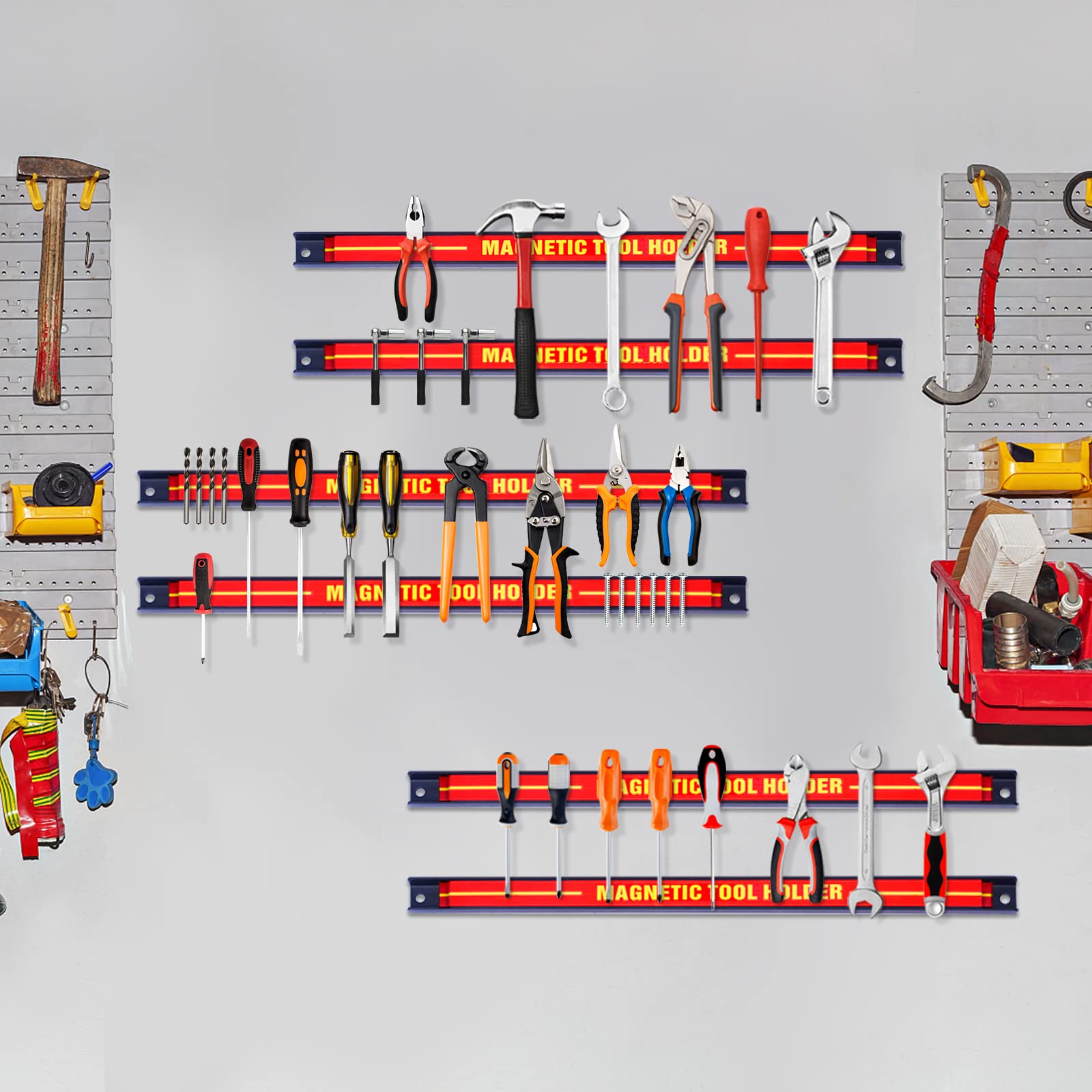 GYMAX Magnetschiene Werkzeug Set 46 cm 10 kg belastbar Magnethalter Werkzeug Organizer Wand Rot