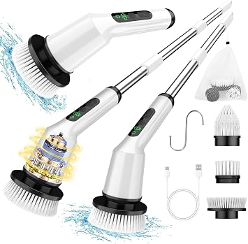 Electric Spin Scrubber,Cordless Shower Cleaning Brush IPX7 Waterproof with 3 Replaceable Brush Heads, Adjustable Extension Handle and Power Dual Speed,Power Scrubber for Bathroom Tub Tile Floor Car 5