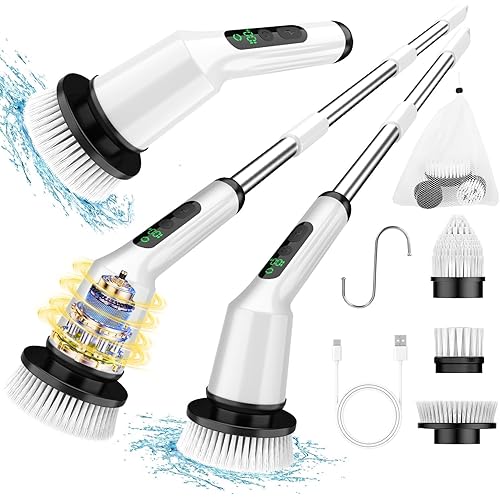 Electric Spin Scrubber,Cordless Shower Cleaning Brush IPX7 Waterproof with 3 Replaceable Brush Heads, Adjustable Extension Handle and Power Dual Speed,Power Scrubber for Bathroom Tub Tile Floor Car 5