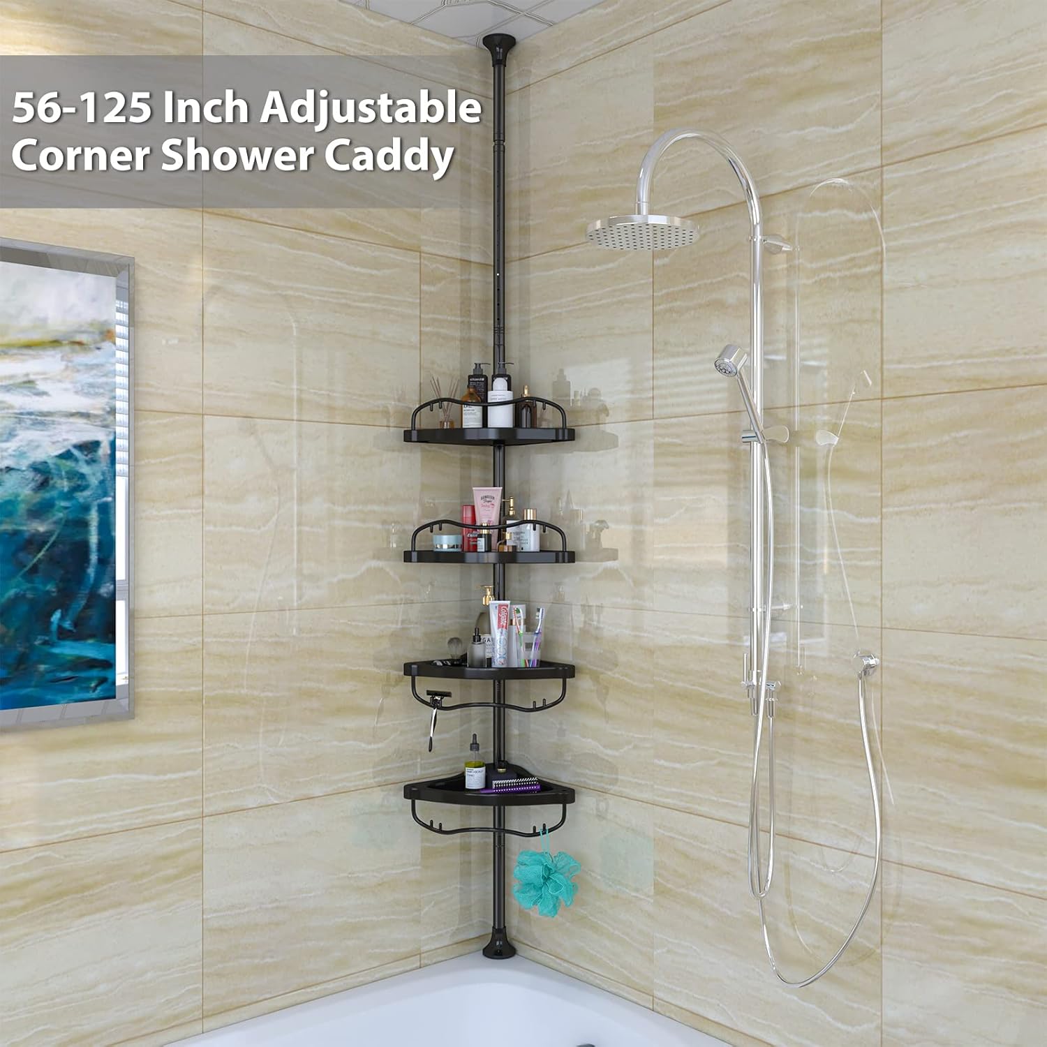 Shower Caddy,Shower Caddy Tension Pole with 4 ABS Baskets,Shower Storage Shelf with 56 to 125 Inch Adjustable Stainless Pole for Bathroom Black