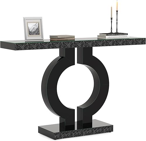 Miniatura 8 de LITTLE TREE Mesa consola con espejo de 43 pulgadas con base en forma de O, mesa de entrada de vidrio para sala de estar, moderna mesa de sofá