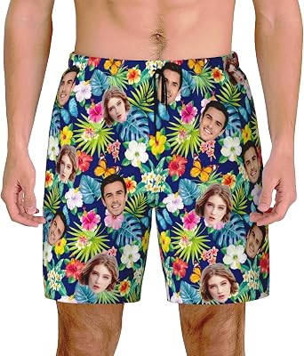 Custom Men Swim Trunks with Face Personalized Hawaiian Photo Shorts Customized Novelty Summer Board Short