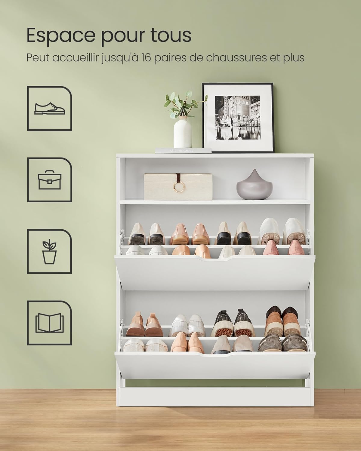 VASAGLE LBC048W01 shoe cabinet with multiple pairs of shoes stored in its compartments.