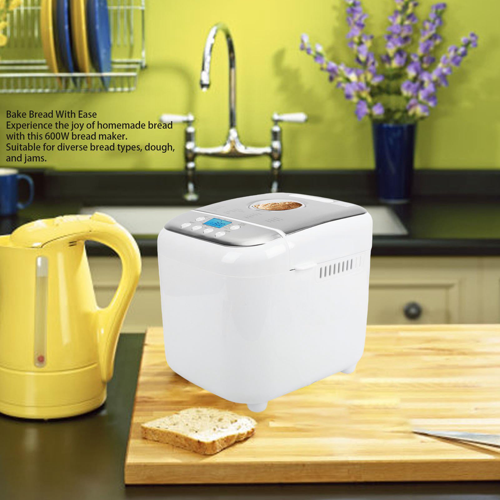 Automat do Pieczenia Chleba z powłoką nieprzywierającą, Programowalny z 19 Ustawieniami, 3 Kolory Skórki, Silnik o Mocy 600 W, do Pieczenia Ciasta Chlebowego (wtyczka UE)