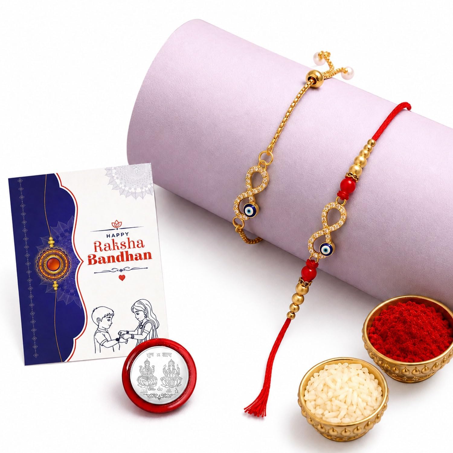DeoDap (K1_502_BS32) Multicolor Rakhi Combo with Effete Chocolate Butter Scotch , Silver Color Pooja Coin, Roli Chawal & Greeting Card, Occasion, Rakhi & Chocolate for brother, bracelets for men stylish, rakhi with gift, Rakhi Combo, Set of 1 Rakhi, Rakhi Chocolate Gift combo-image-12
