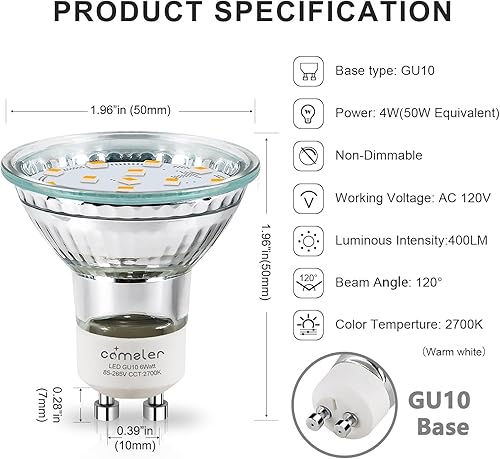 Miniatura 7 de comzler Bombilla LED GU10, 2700 K, blanco suave, equivalente a halógeno de 50 W, bombilla GU10 de repuesto para halógenos, focos empotrados, ángulo