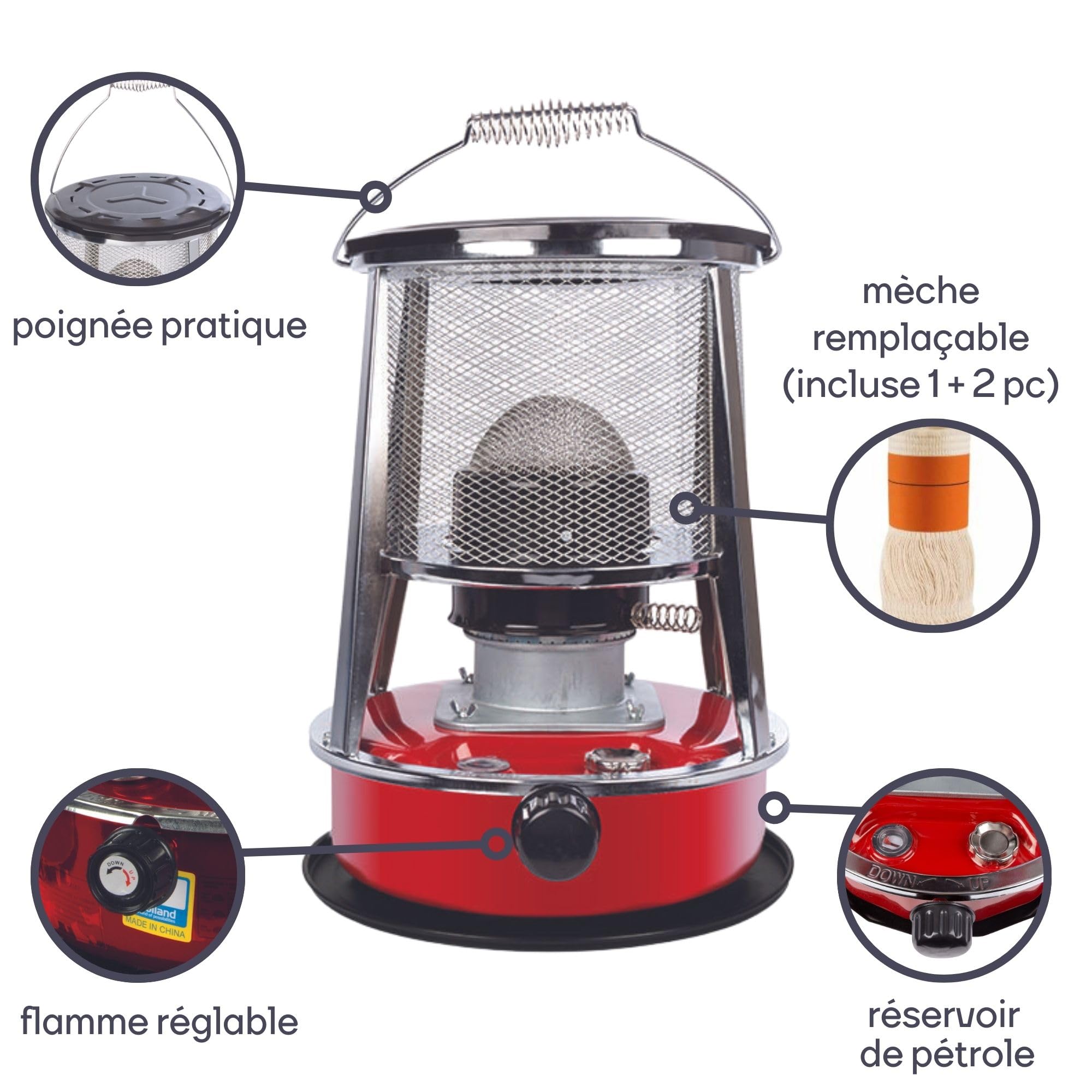 Chauffage à pétrole portable 2600W avec mèche + 2 rechanges, poêle extérieur camping tente 4,6L 18h