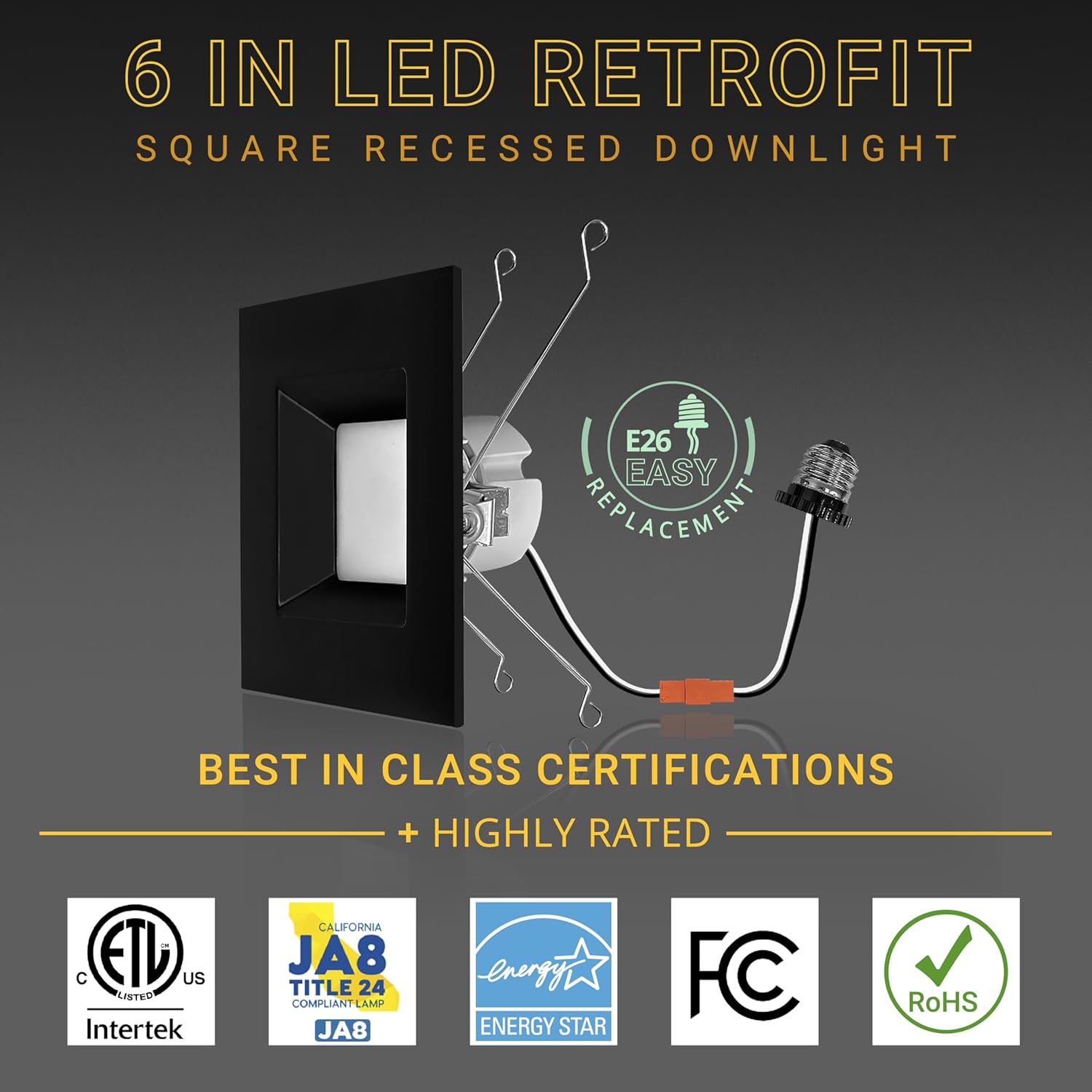 NUWATT 12 Pack, Black 6 Inch Square Retrofit Recessed Lighting, CCT 2700K/3000K/3500K/4000K/5000K Selectable, 1100 Lumen 14W, Dimmable, 6in Black Square LED Can Lights, 6" Square Light, ETL, Wet Rated