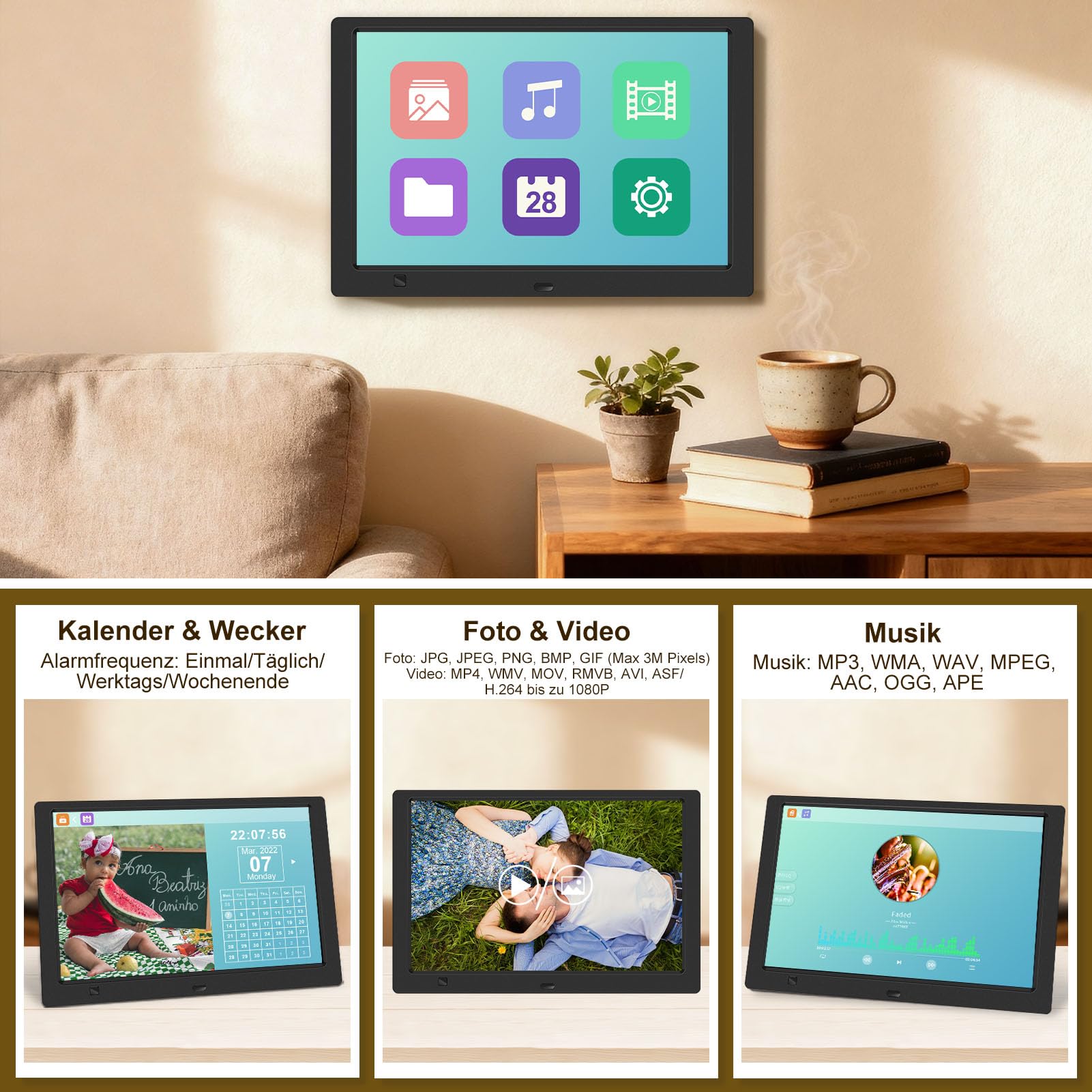 Digitaler Bilderrahmen Elektronischer Fotorahmen ohne WLAN, 10,1 Zoll IPS Bildschirm Photo Frame mit 32GB USB Stick & Bewegungssensor Kalendar/Zeitschaltuhr Foto/Video/Musik-Player Wandmontierbar
