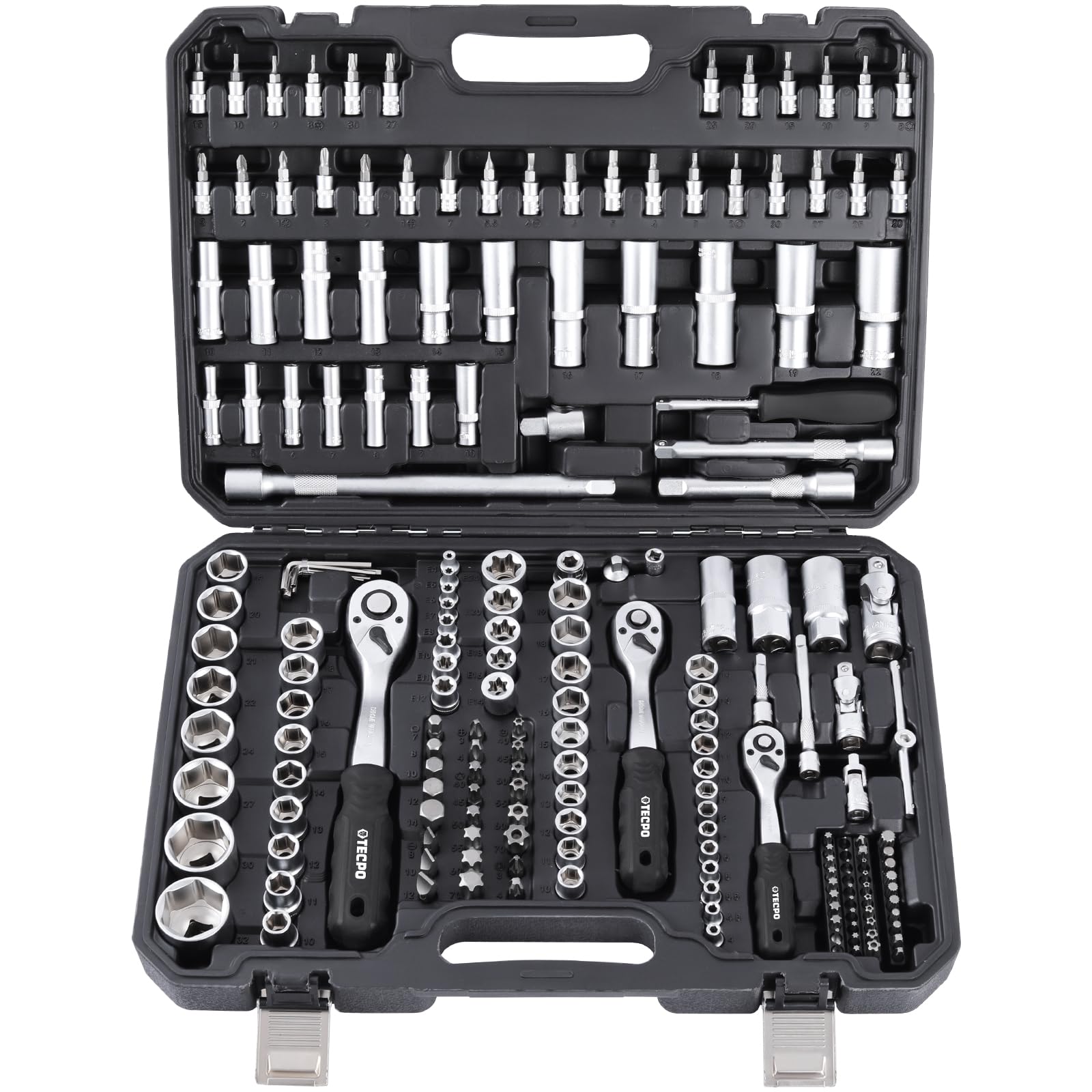 TECPO Juego de llaves de vaso de 1/4", 3/8", 1/2", 192 piezas, carracas dentadas finas, de acero al cromo vanadio, amplia gama de puntas y llaves de vaso, para montaje, reparación y tornillos precisos