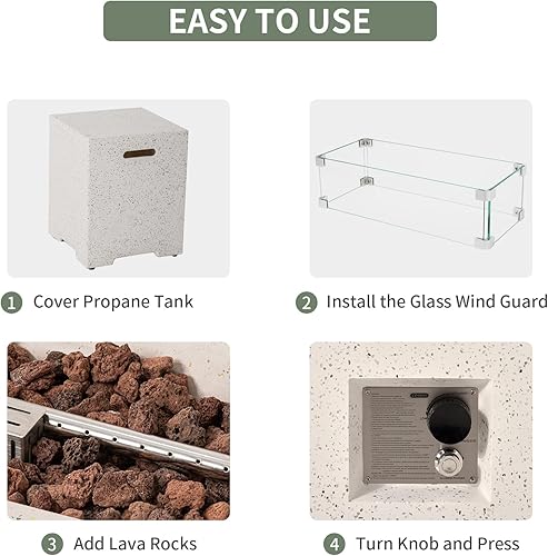 Miniatura 72 de COSIEST Fogata cuadrada de propano de piedra arenisca para exteriores de 35 pulgadas con protector contra el viento y mesa auxiliar, quemador