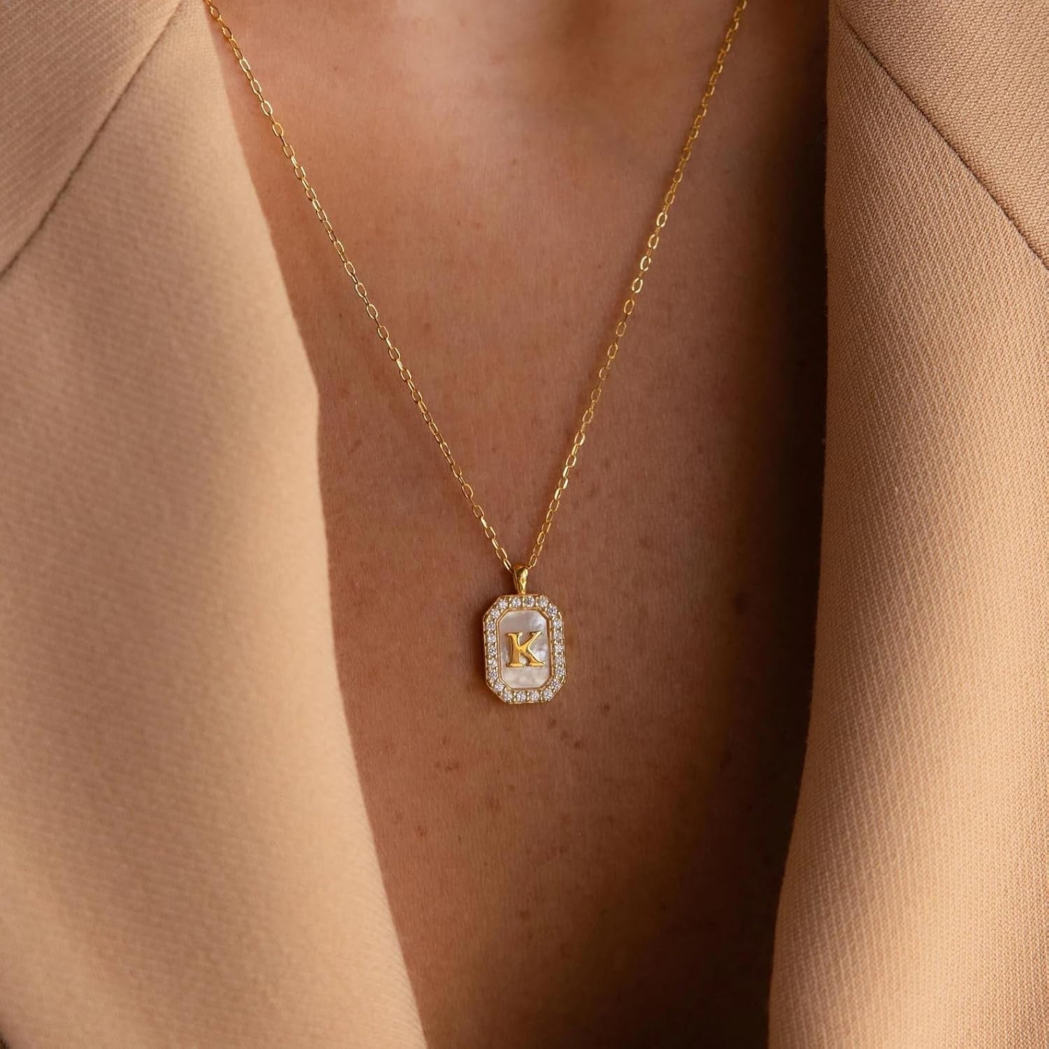Personalized Initial Letter Necklace, Custom Initial Mother of Pearl Tag Gold Necklace, 18K Gold Plated Silver, Personalized Gift for Women, Graduation Gift