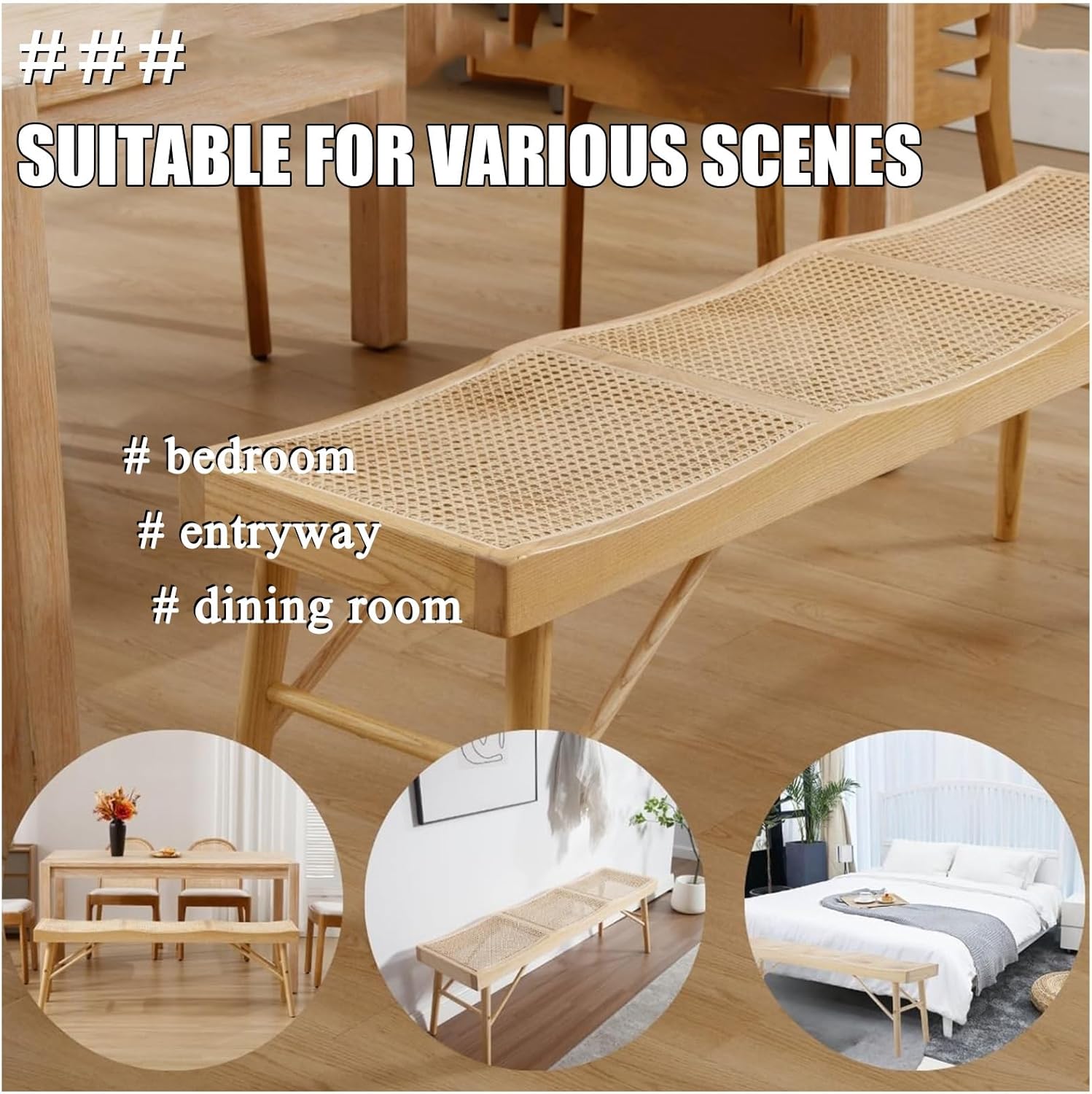 Entryway Bench, Mid Century End of Bed Bench, Shoe Bench, Woven Design, Rattan Solid Wood Bench, Indoor Kitchen Table Bench, Wooden Farmhouse Dining Bench for Living Room and Entryway(Wood Color)