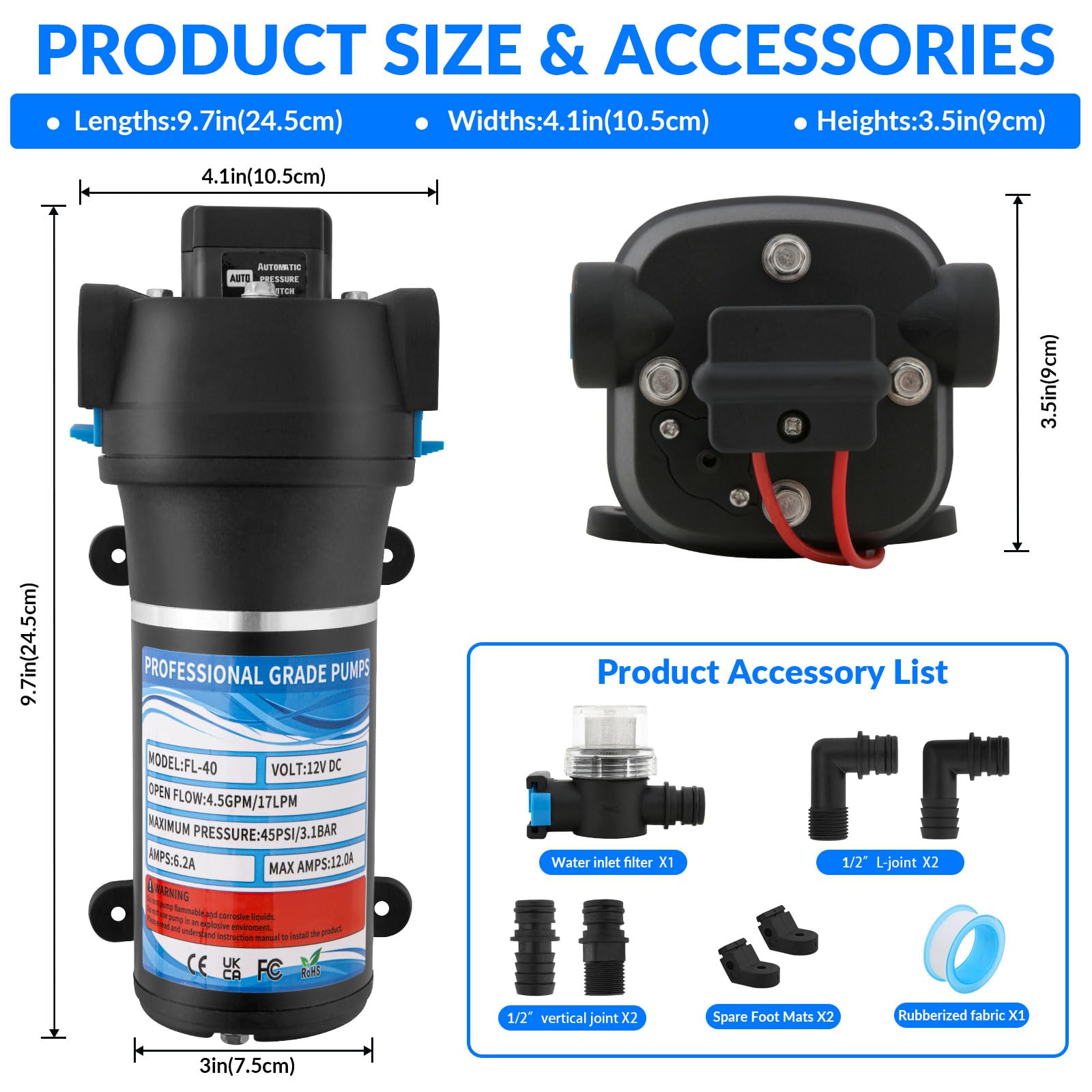 Bomba de Membrana Autocebante12V, 45 PSI, 17 L/min, Bomba de presión de agua Autocebante con Interruptor de Presión, Bomba de Agua Automática con Filtro Rápido, para Riego de Jardín, Caravanas, Barcos