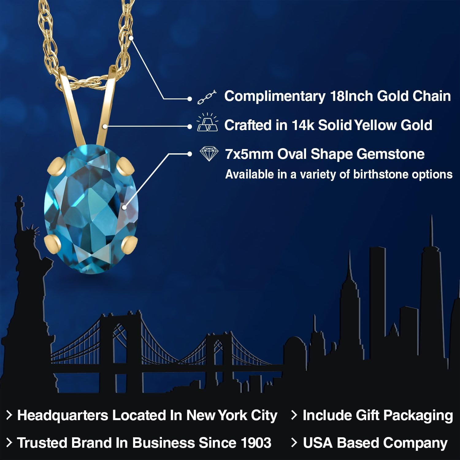 Gem Stone King 0.90 Cttw Oval London Blue Topaz 14K Yellow Gold Pendant Necklace for Women | Gemstone Birthstone | With 18 inch Chain - Image 2