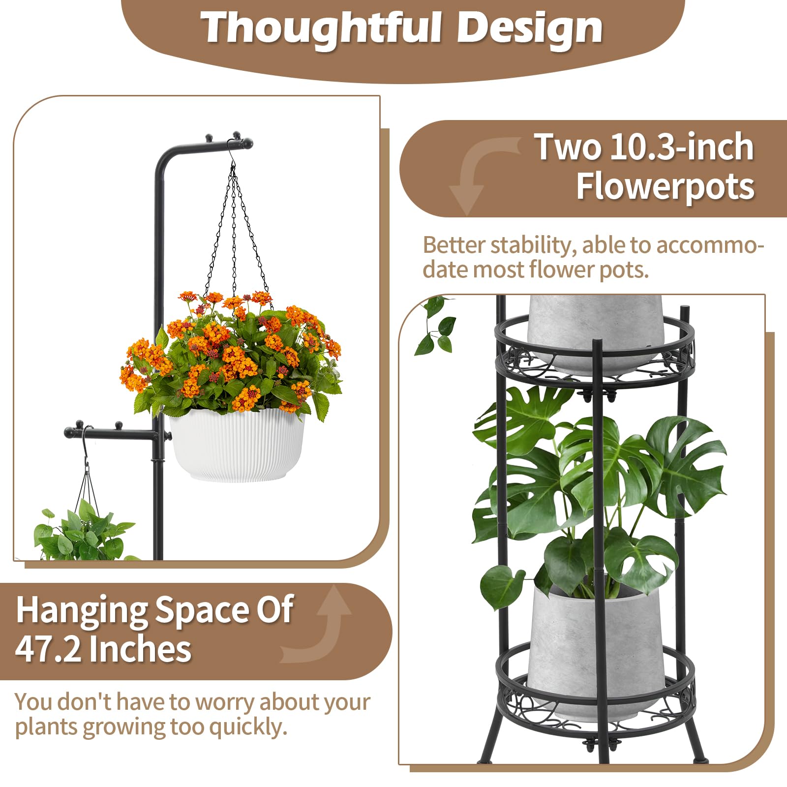 CZWL&HG Hängender Pflanzenständer, verstellbar, 2 Ebenen, 183 cm, Metallregal, hohes Pflanzenregal für drinnen und draußen, mit Aufhängern für 4 Topfblumen, Eckregal für Wohnzimmer und Terrasse