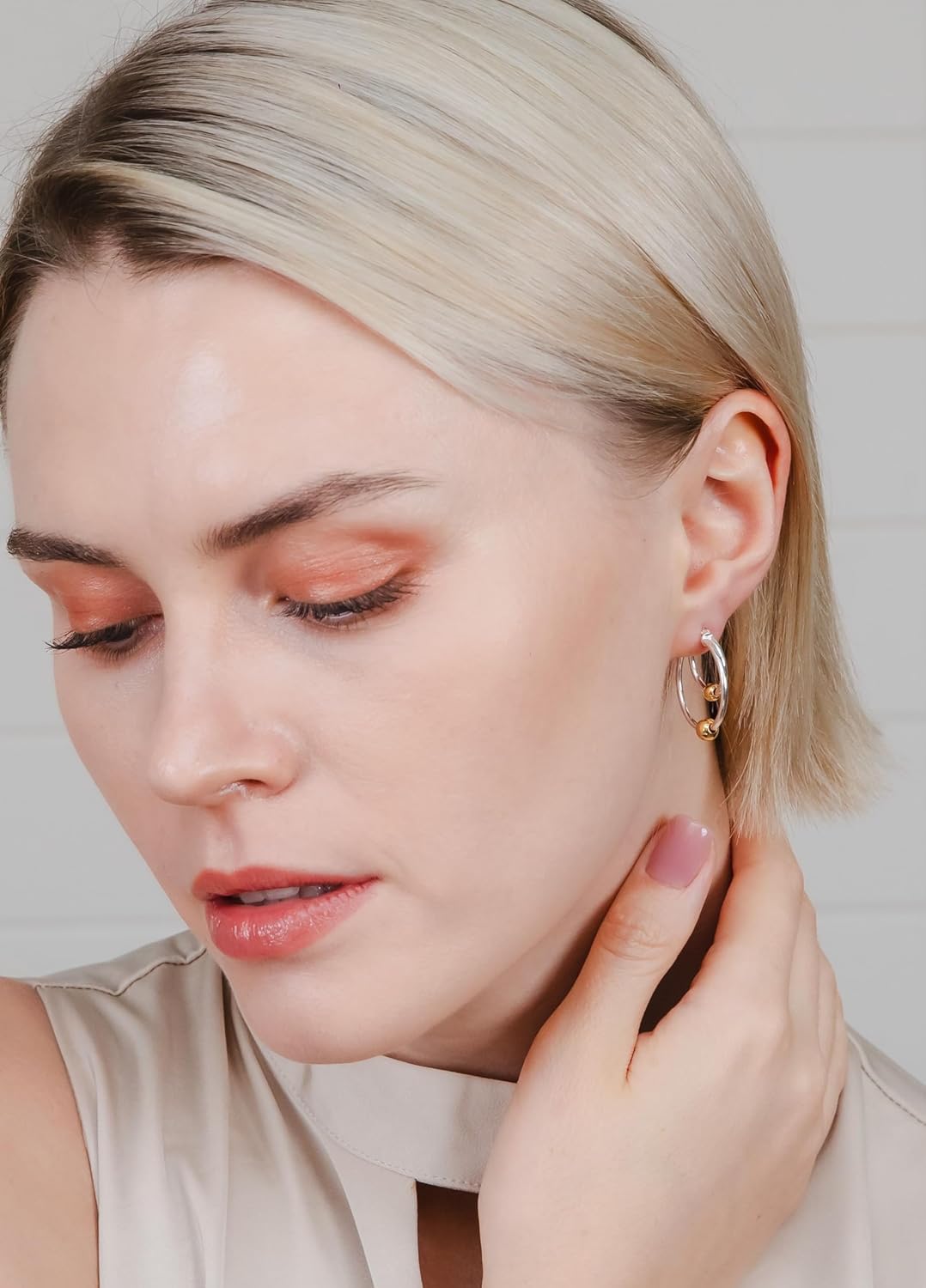 Hoops & Loops 925 Sterling Silver Double Loop Beaded Hoop Earrings for Women, 14k Gold/Rose Gold, Black Flash Plate 25mm High Polished Hypoallergenic Two Bead Design Earrings - Image 5