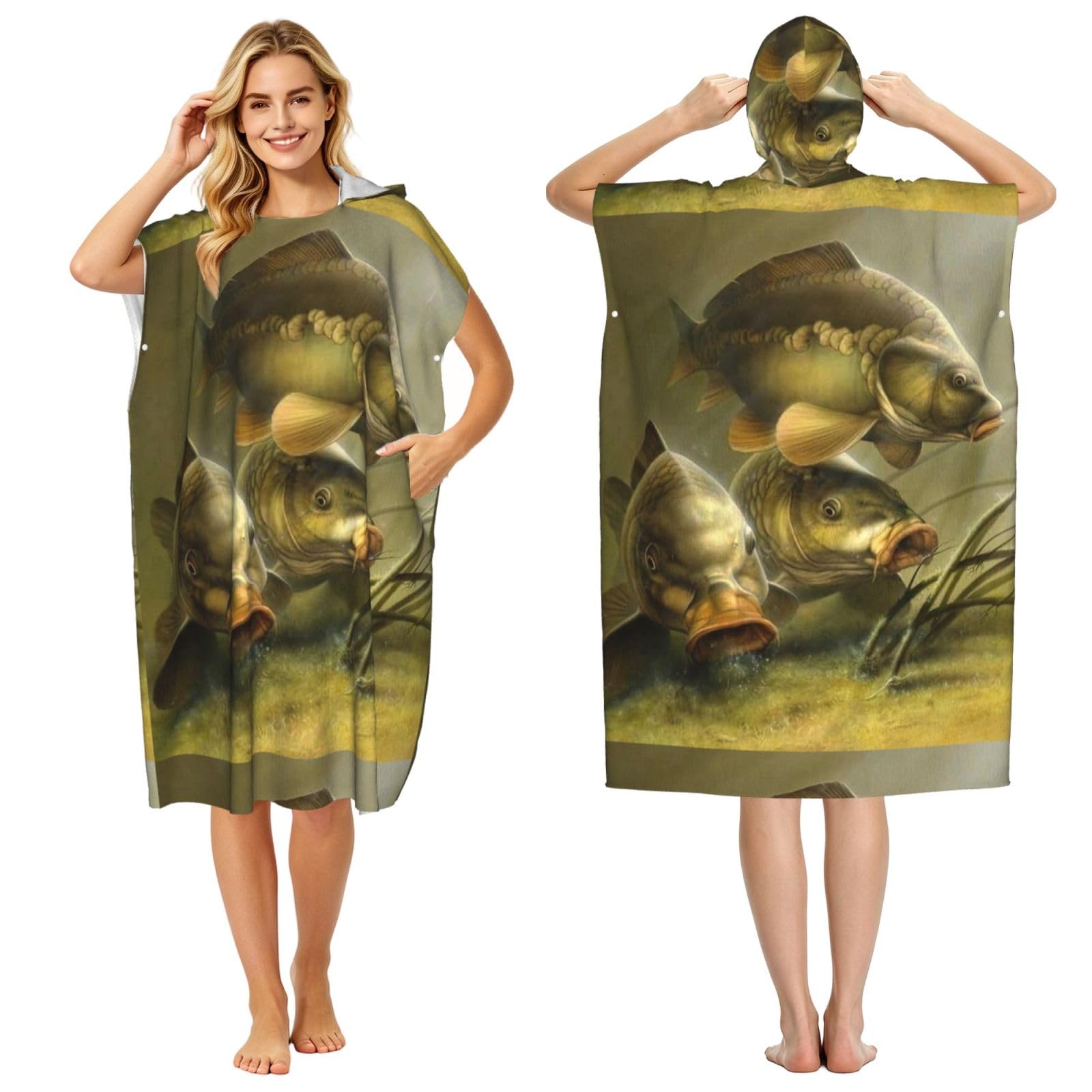 Poadnly Carp Fishing Art, Adult Hooded Beach Towel 90 x 110 cm,Changing Bath Robe, Surf Poncho Towel For Women Men