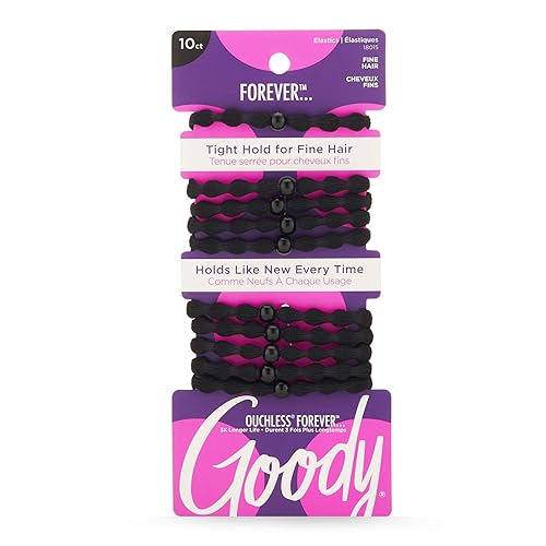 Goody Ouchless Forever - Elásticos finos para el cabello, 10 unidades, color negro, bandas sin daños, lazos para el cabello 3 veces más fuertes,