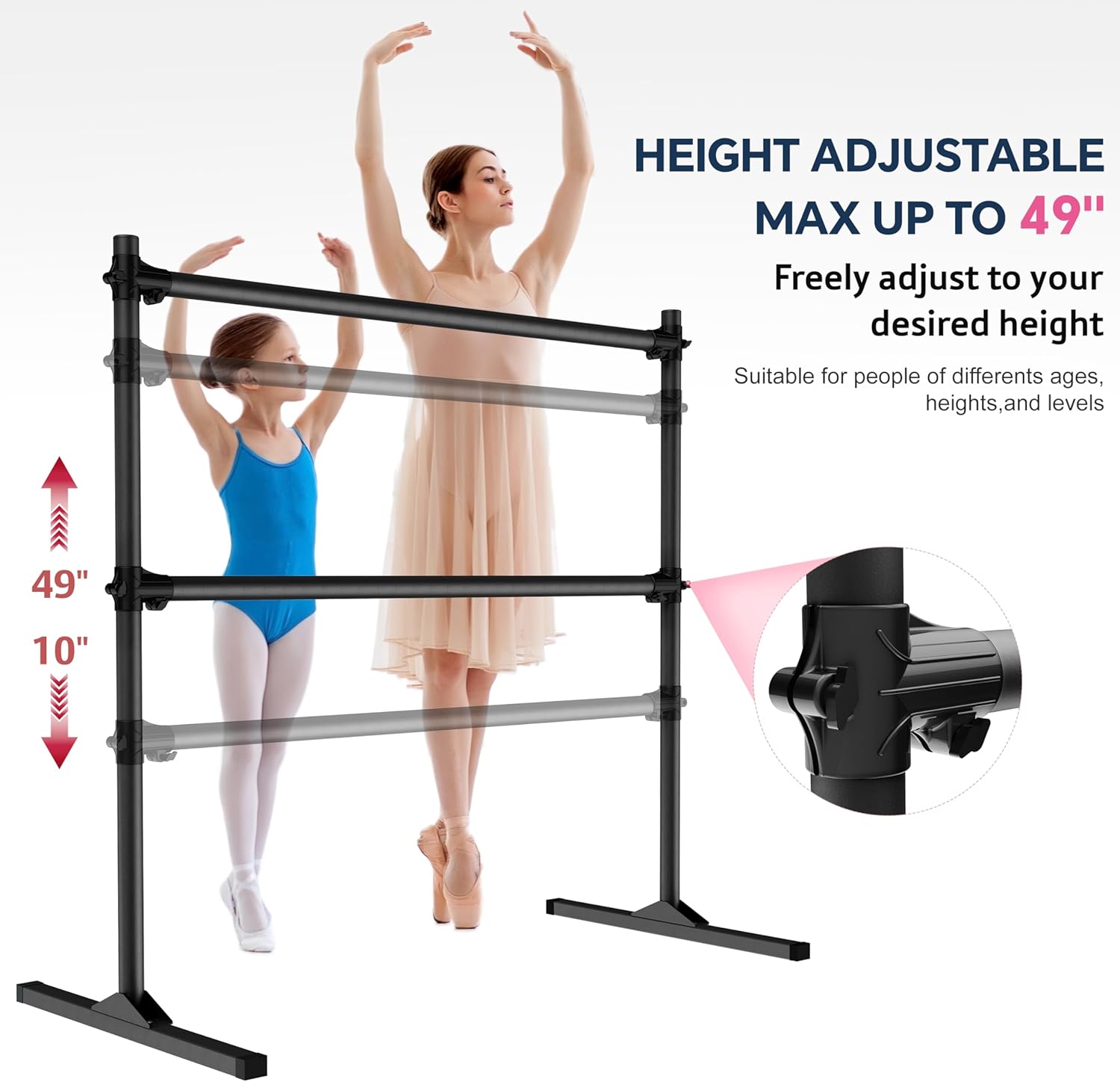 4FT Height Adjustable Ballet Barre, Freestanding Ballet Bar, Heavy Duty Dance Bar Support, Sturdy Construction, Anti-Slip for Kids Adult, Home and Gym use