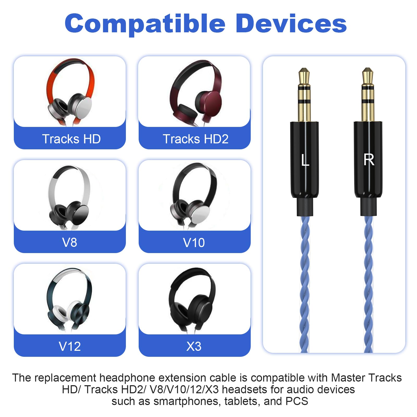 Replacement Audio Cable Cord Compatible with Sol Republic Master Tracks HD V8, V10, V12, X3 Headphone, 24K Gold Plated Connectors, Braided Cable (Blue, Inline Mic Remote Control, 4FT)