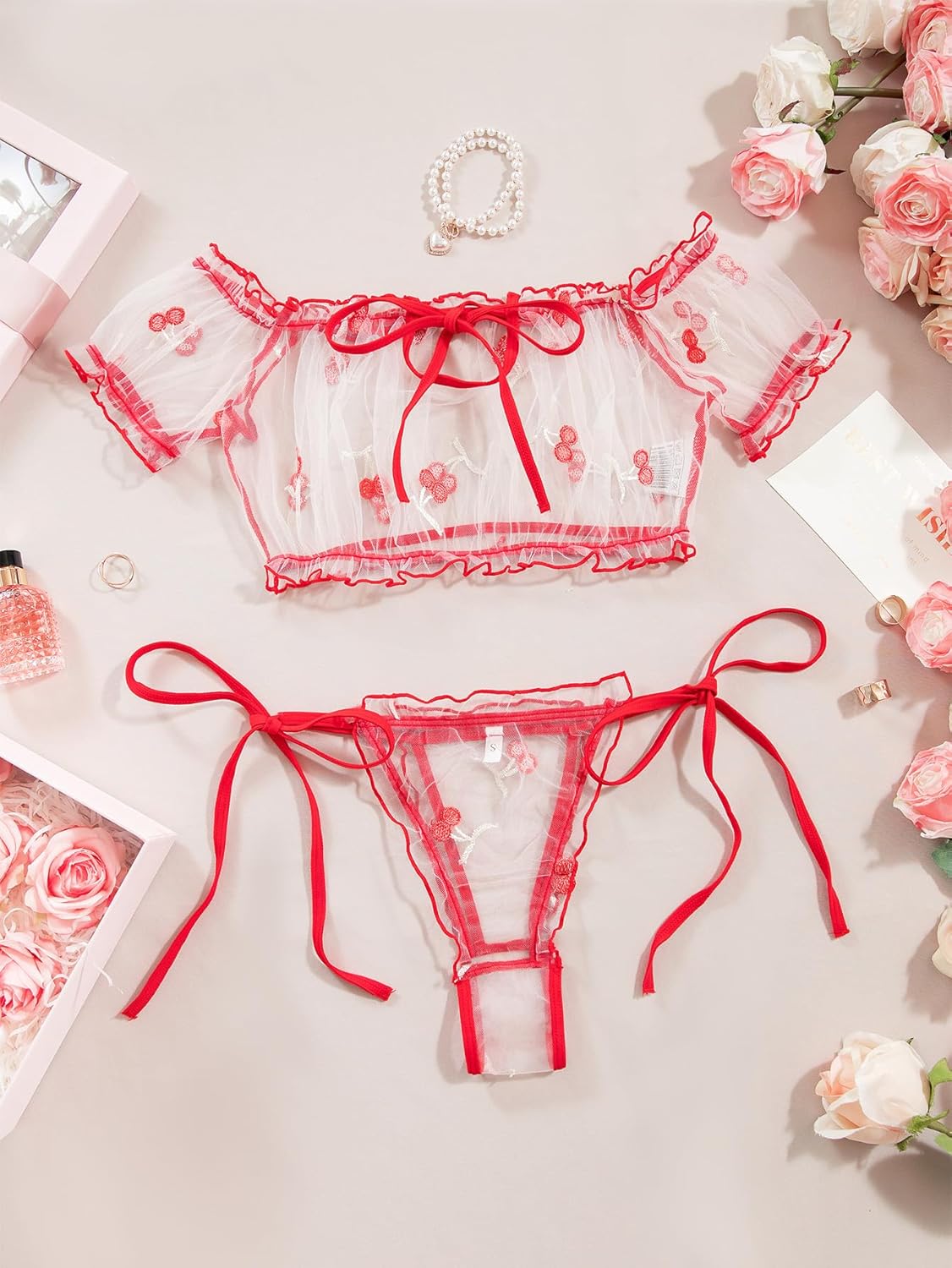 Lilosy Sexy Stretch Ruffle Tie Sheer Mesh Lingerie Set Outfits - Image 6