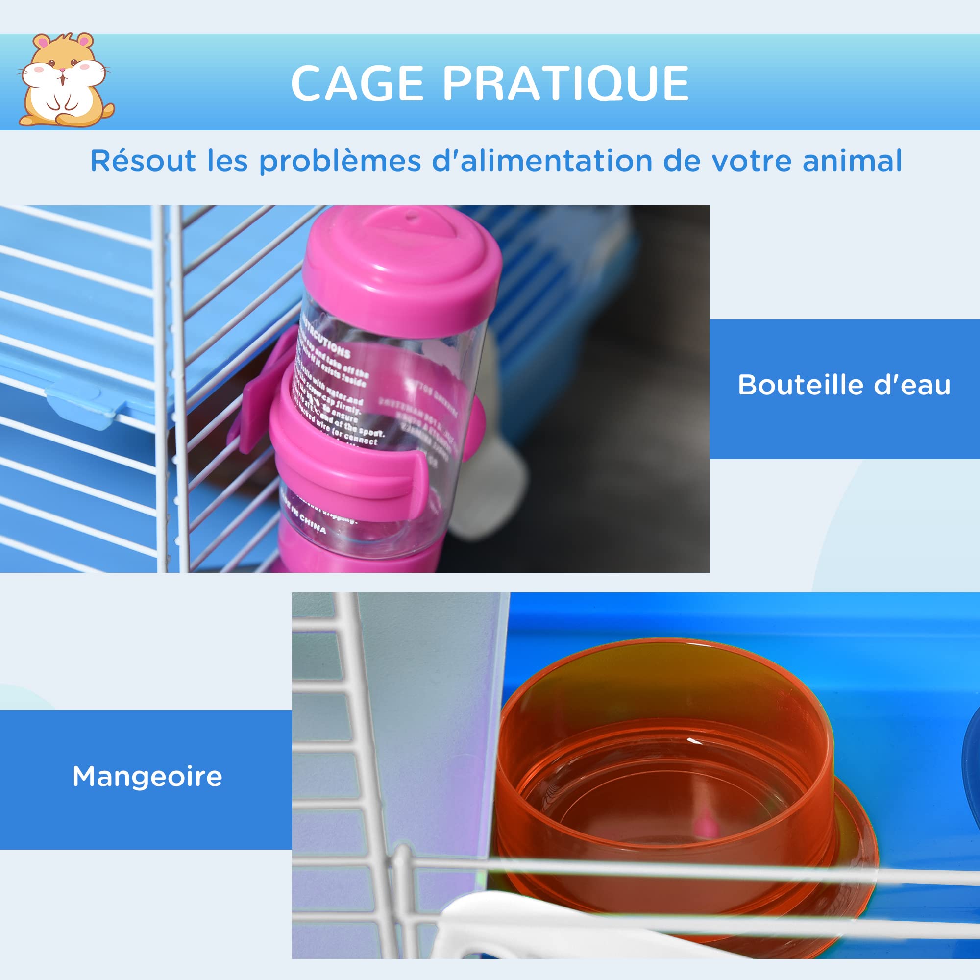 PawHut Cage pour Rongeur Hamster 2 Niveaux avec Tunnel, Bouteille d'eau, Roues, Maison, échelle dim. 46L x 30l x 37H cm - 5