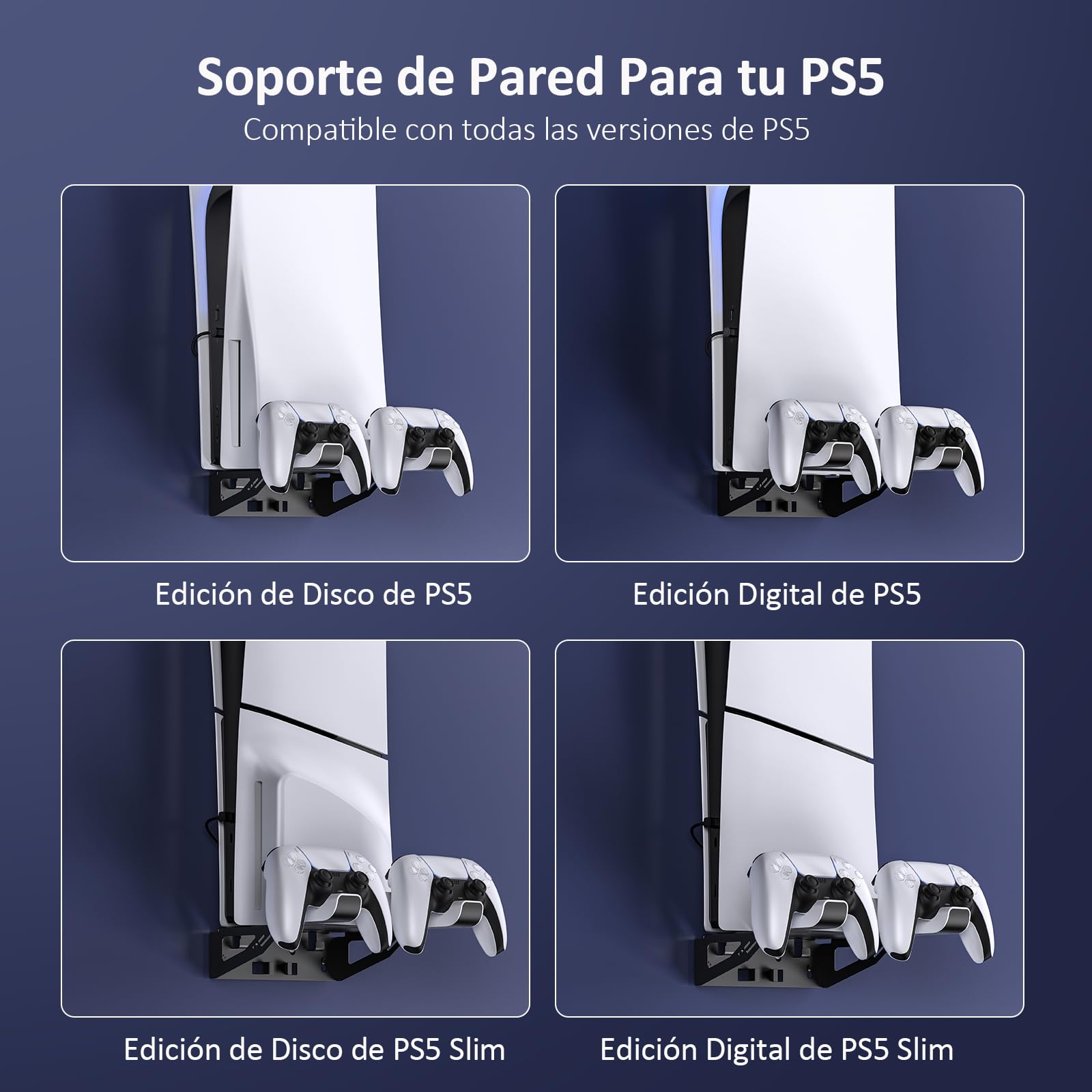 NexiGo Soporte de Pared para PS5 con Estación de Carga para PS5 (Todas Las Versiones) y Nuevas Consolas PS5 Slim, Mandos DualSense_Edge y Regulares