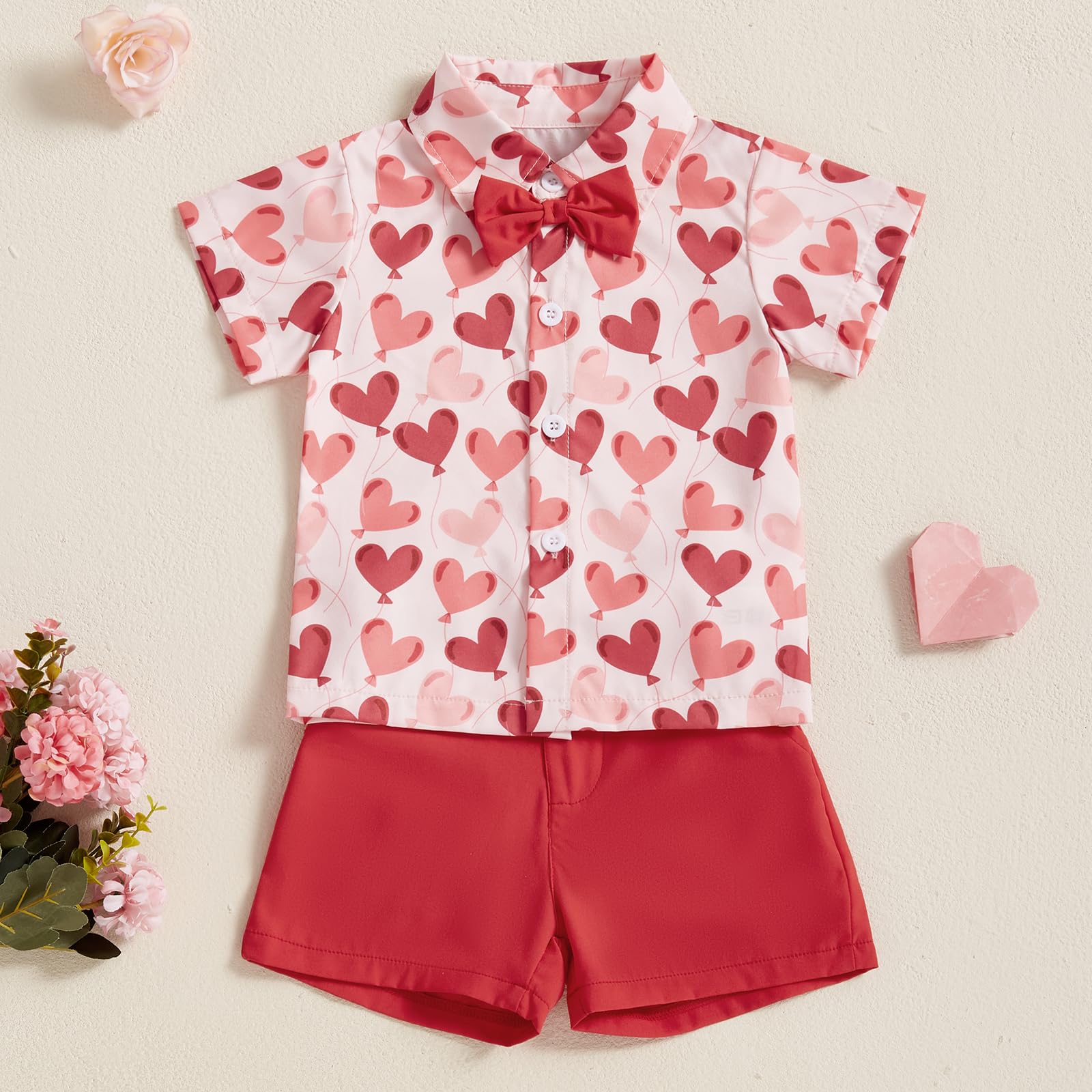 Baby Boy Valentines Clothes Short Sleeve Heart Print Button Down Shirt Bermuda Shorts Kids Gentleman Outfit (Watermelon Red, 18-24 Months)
