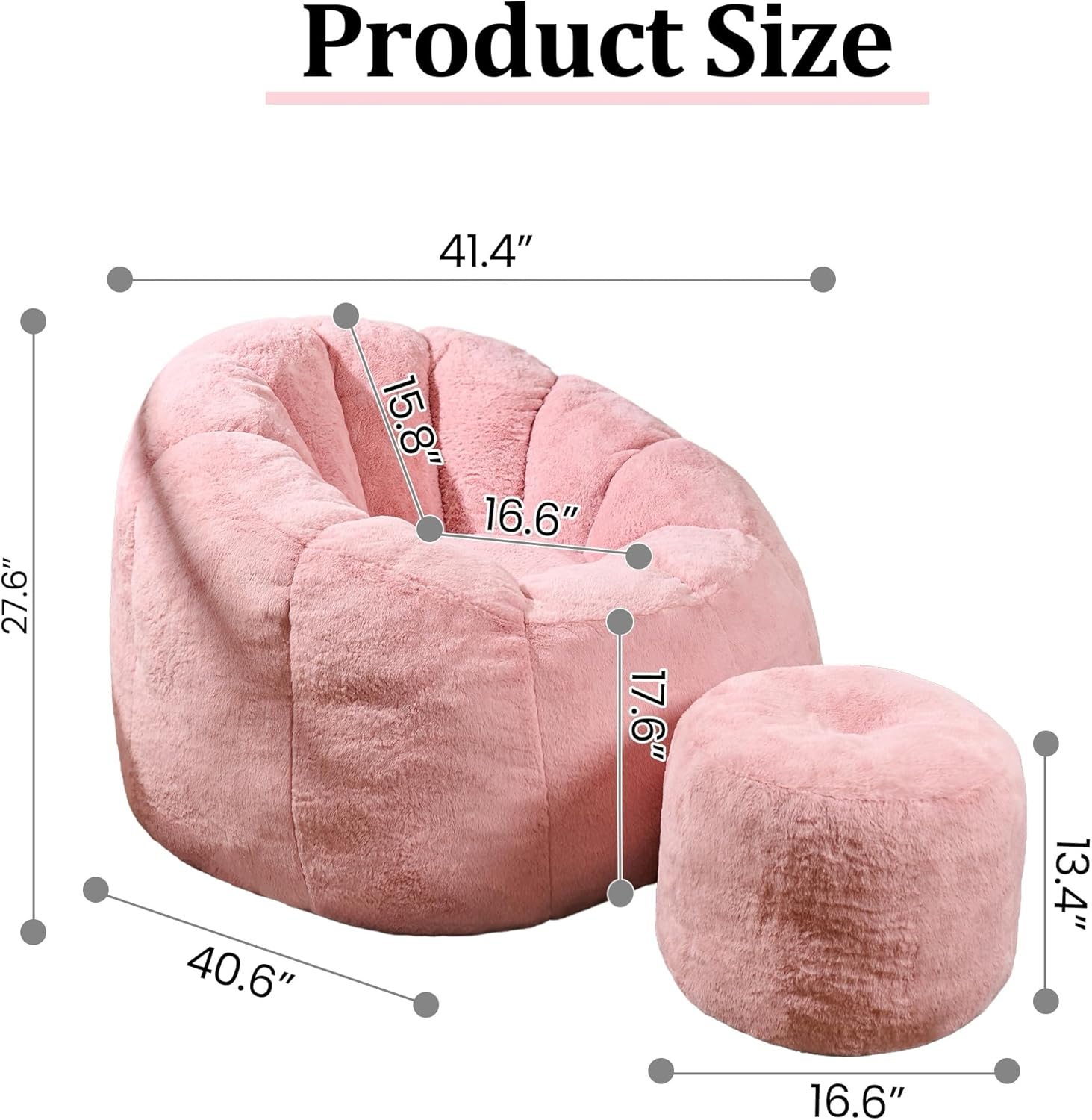 Bean Bag Chair, Bean Bag Chair with Ottoman, Stuffed Bean Bag Chairs with Filler, Big Beanbag Chairs with Filling for Living Room (Faux Fur in Pink, 40.6" D×41.4" W×27.6" H)