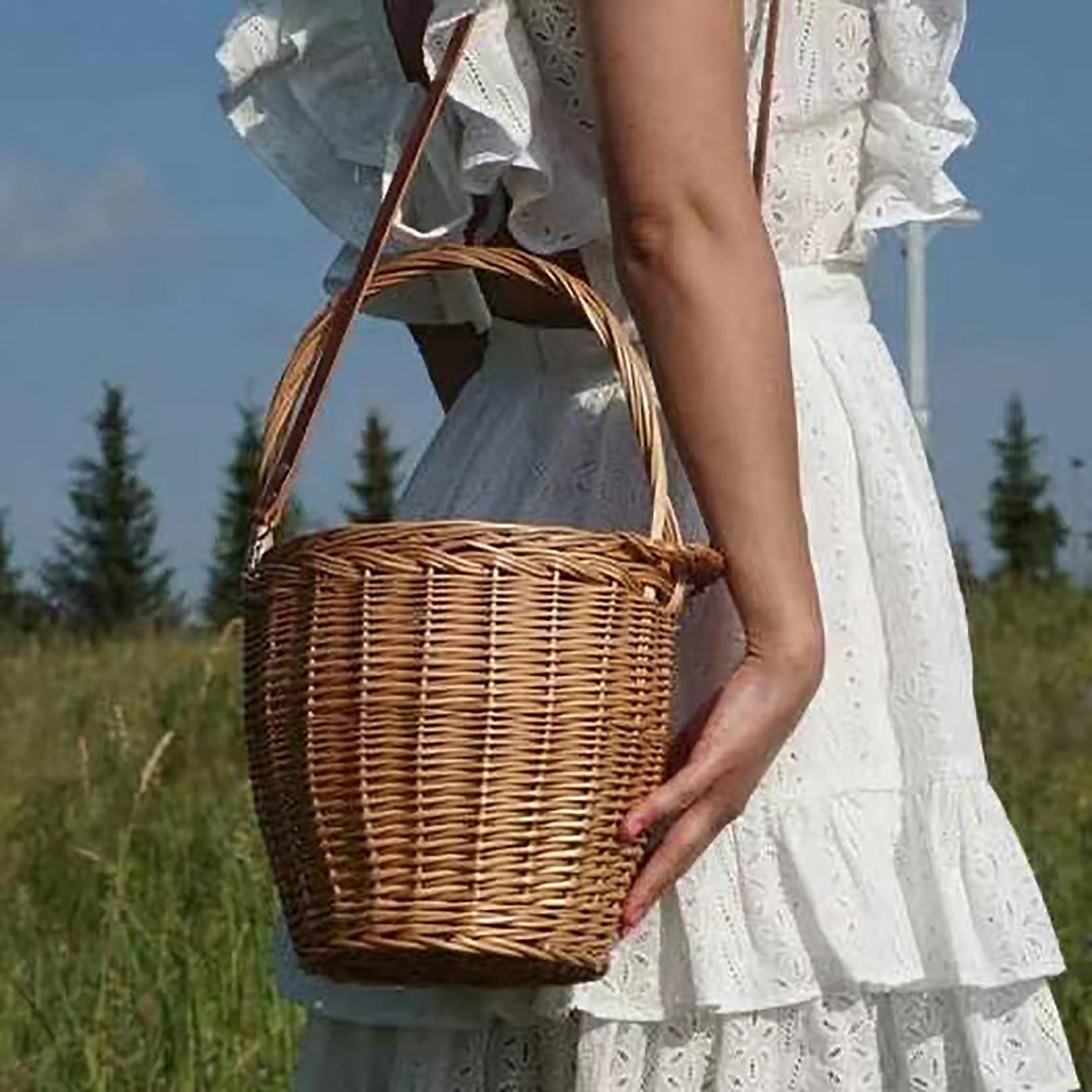 1 borsa in vimini di salice naturale con coperchio (20 x 34 cm), realizzata a mano, borsa a secchiello retrò con coperchio, cestino rotondo per fiori, fioriere sospese, borsa tote in rattan