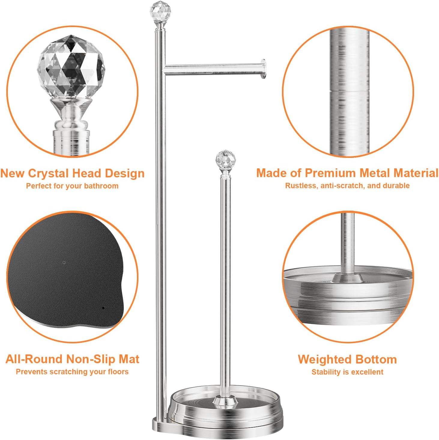 KASUNTO Toilet Paper Holder for Bathroom, Heavy Weighted Metal Free Standing Toilet Paper Holder Stand with Crystal Ball, Toilet Paper Roll Stand for Bathroom Accessories