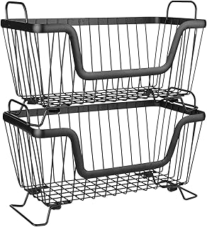 LOTTS Lot de 2 paniers de rangement empilables en fil métallique pour fruits, légumes et cuisine, convient pour salle de bain et bureau (32 x 16 x 19,5 cm)