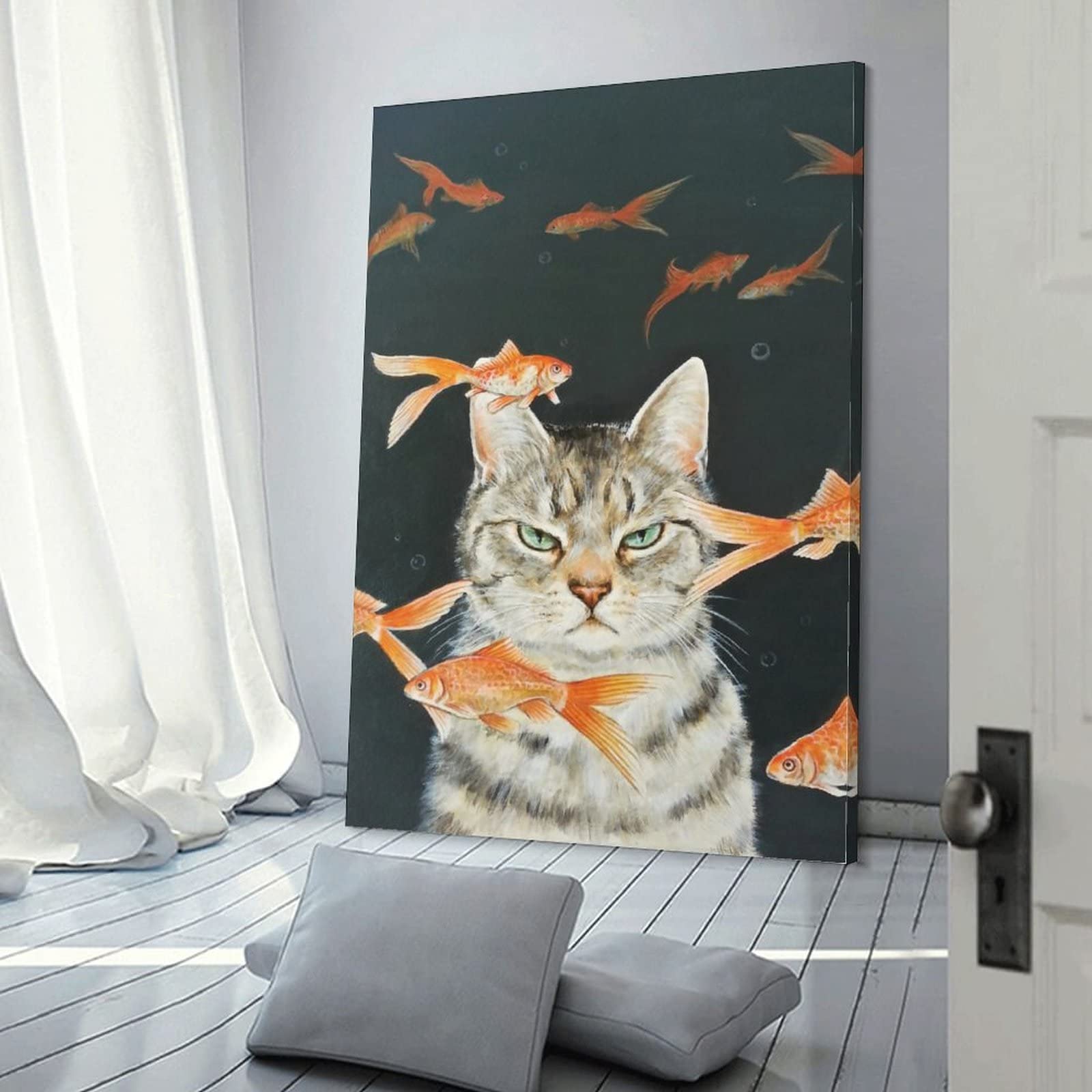 Amazon.co.jp: おしゃれ 猫柄 金魚 ネコ 魚を見つめる 猫 アートパネル 