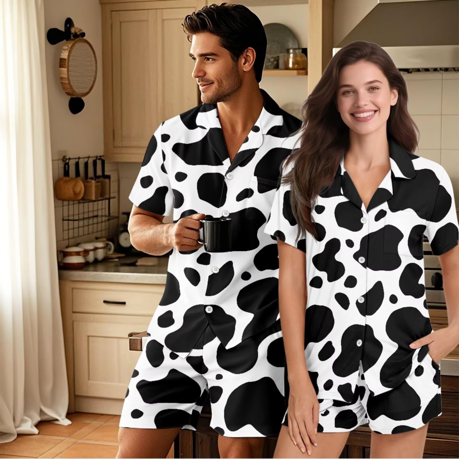 Conjunto de pijama a juego para parejas, de manga corta, con botones, ropa de dormir