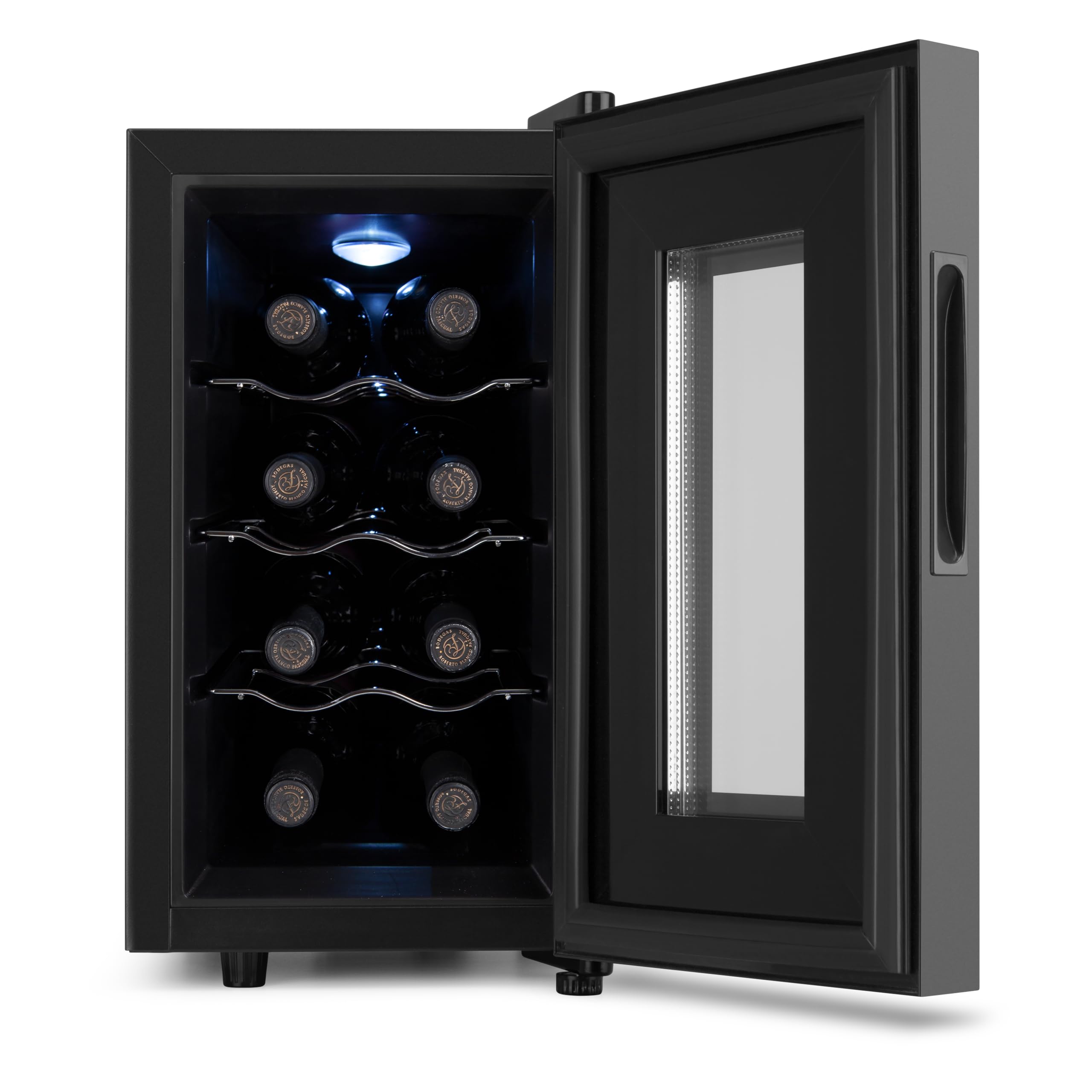 Orbegozo VT 830 Vinoteca de 8 Botellas Volumen 23 Litros Panel Táctil Pantalla Digital Termostato Regulable 11-18°C Luz LED Interior Silenciosa Estantes Cromados 70W