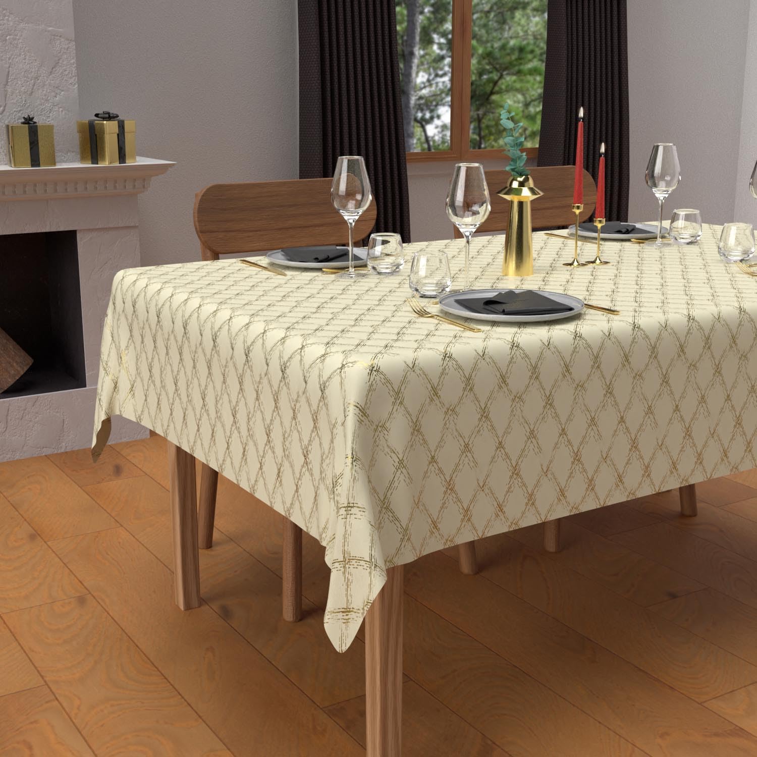 Soleil d'ocre, Festive Rectangular Stain-Resistant Tablecloth 160 x 250 cm Celeste Gold