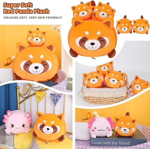 Miniatura 8 de Almohada de peluche de panda rojo para mamá con 4 peluches de panda, súper suave, Kawaii para abrazar, regalo para ropa de cama de niños