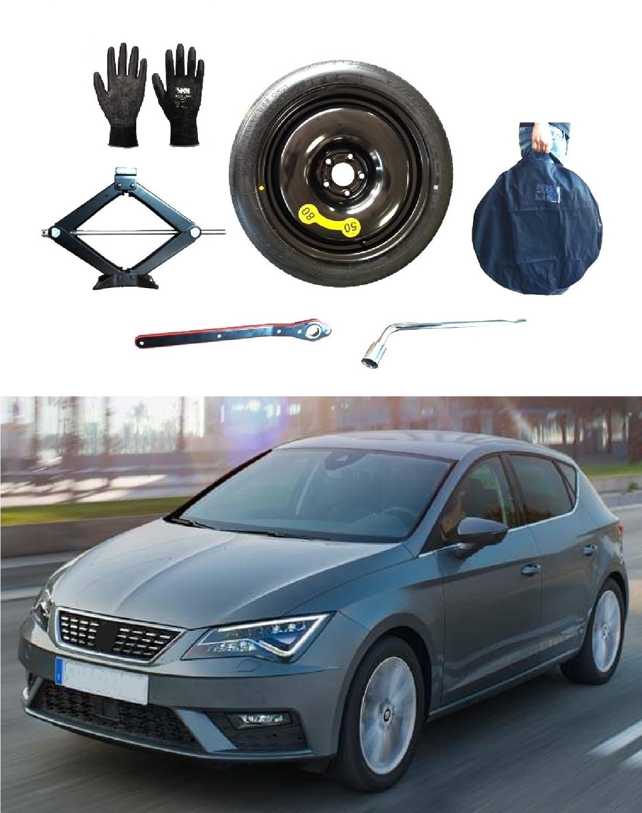 Kit rueda de repuesto 16" compatible con Seat Leon (2020>) con gata, llave, guantes y funda
