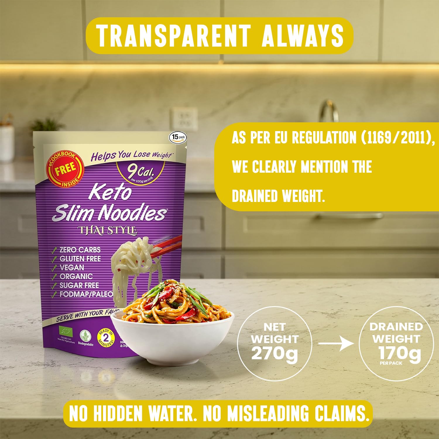 Slim Pasta - Noodles Thai Style - 270g - Pasta Vegana Baja en Calorías - Ideal para Dieta Keto